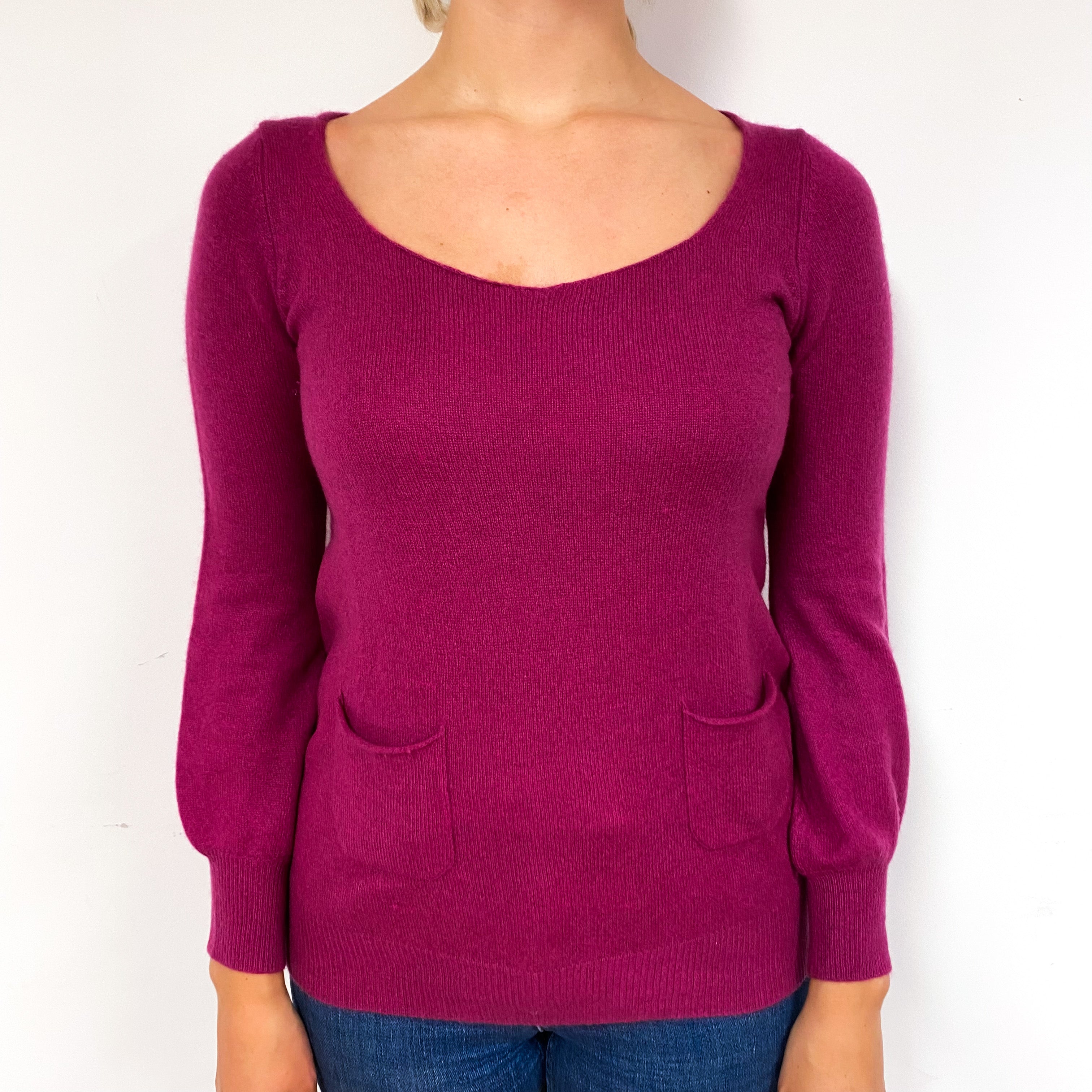 Magenta Pink Pom Pom Tie Cashmere Crew Neck Jumper Small