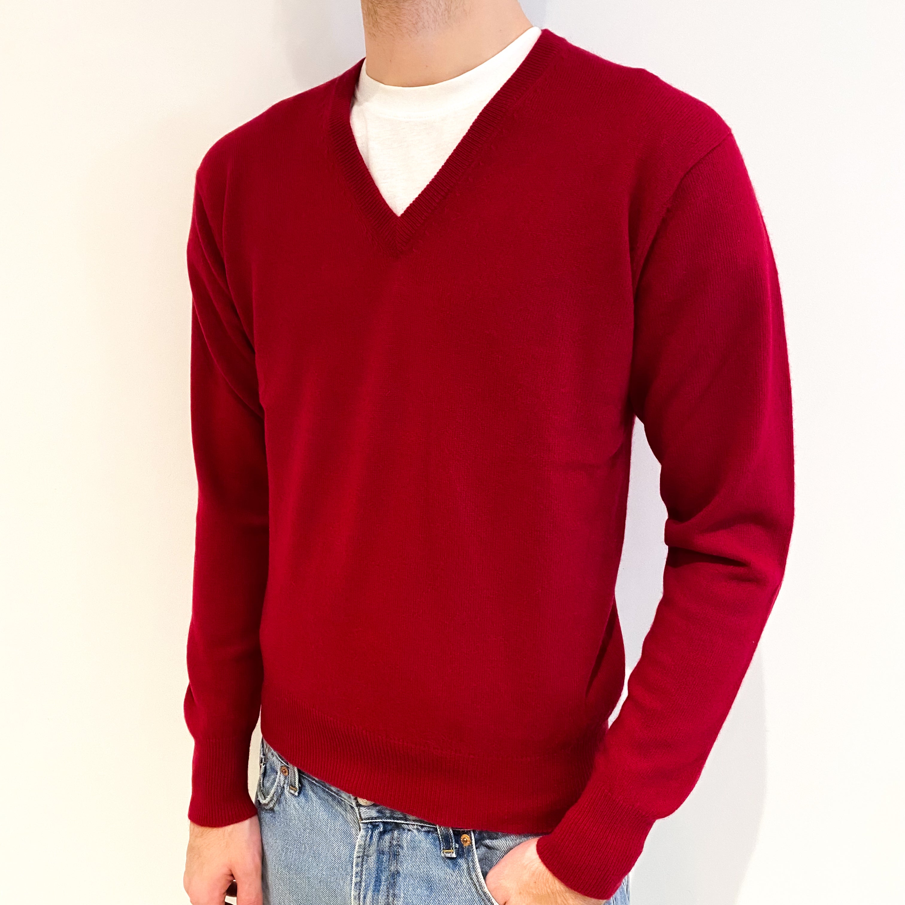 Men's Scarlet Red Cashmere V Neck Jumper Medium