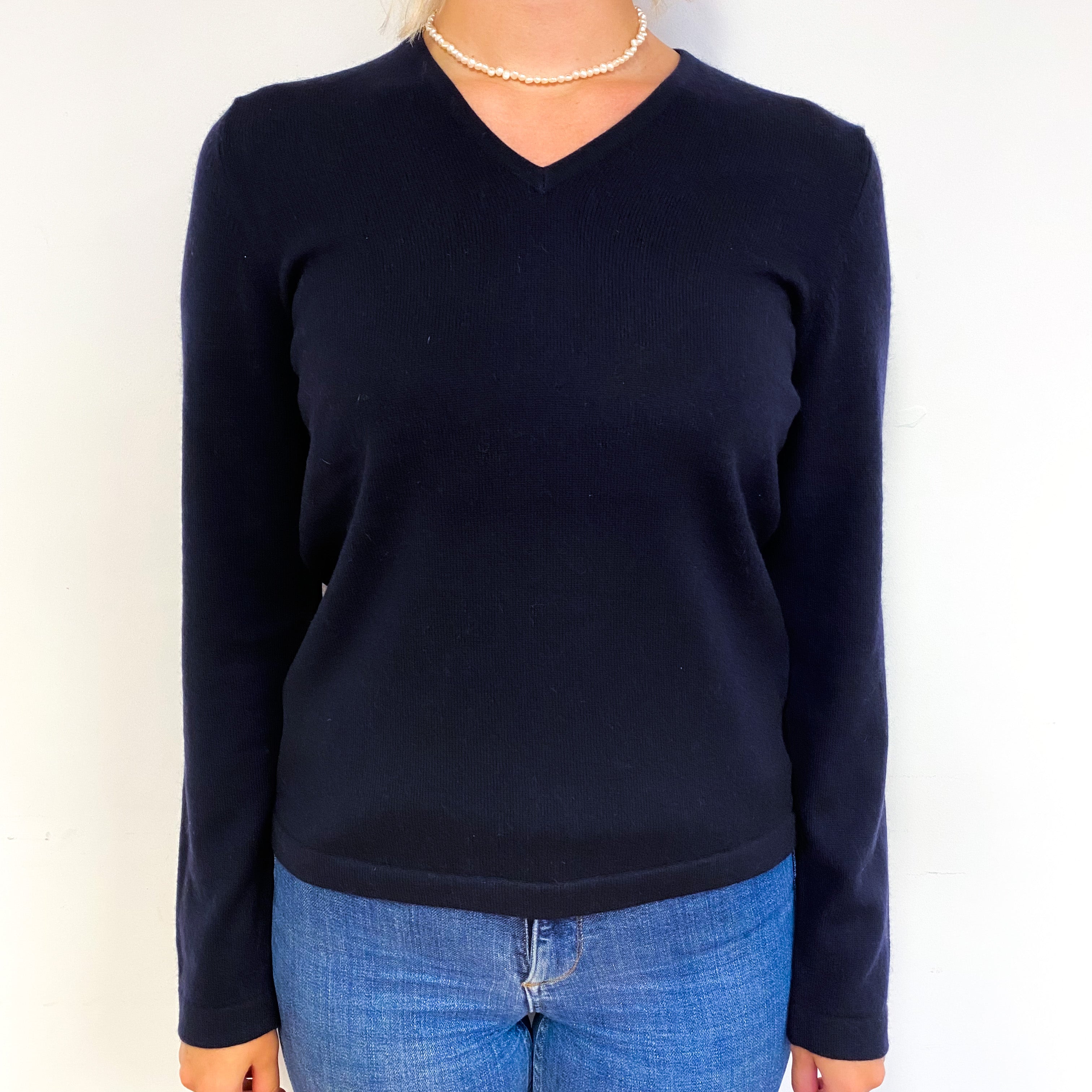 Dark Navy Blue Cashmere V-Neck Jumper Small