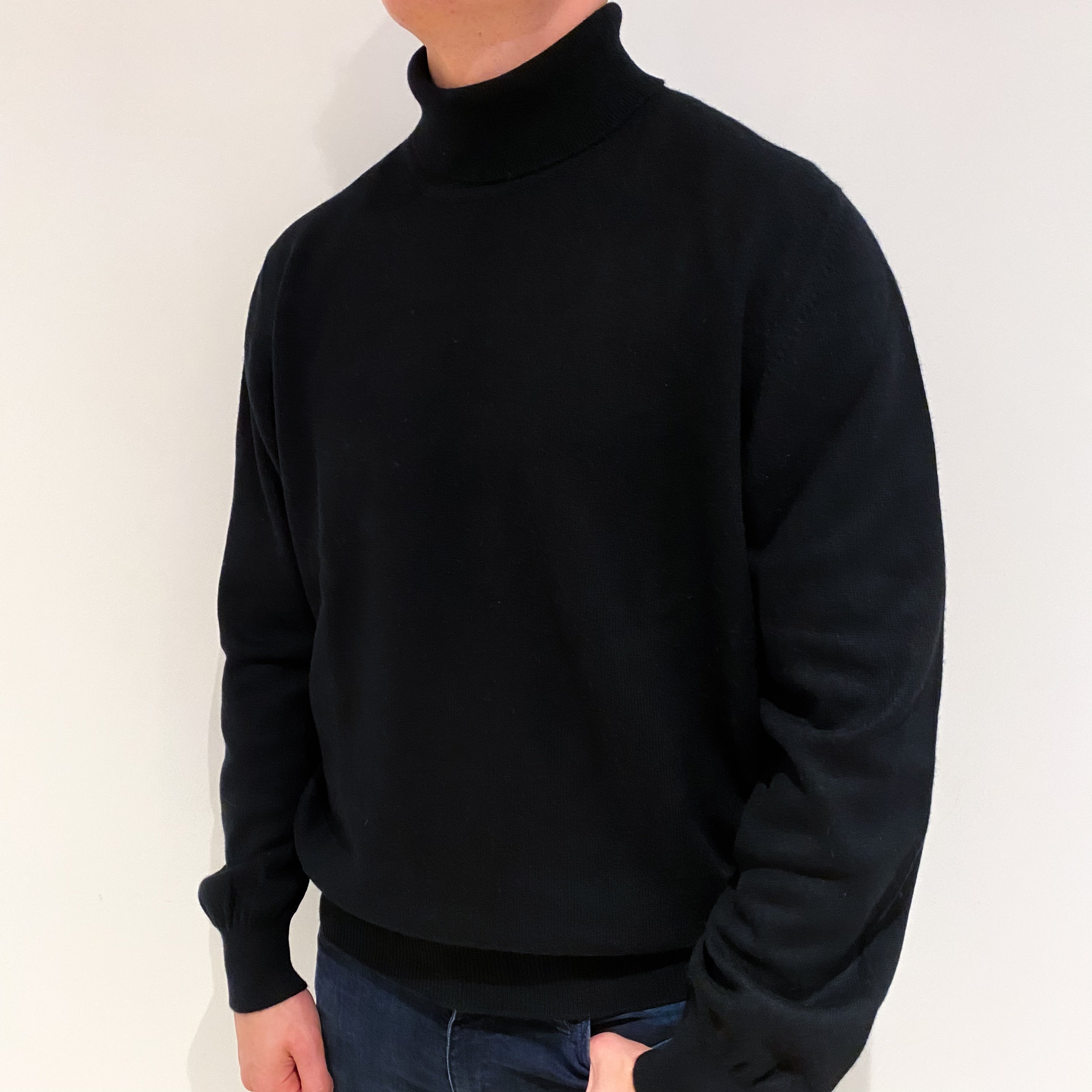 Men's Italian Black Cashmere Polo Neck Jumper XL