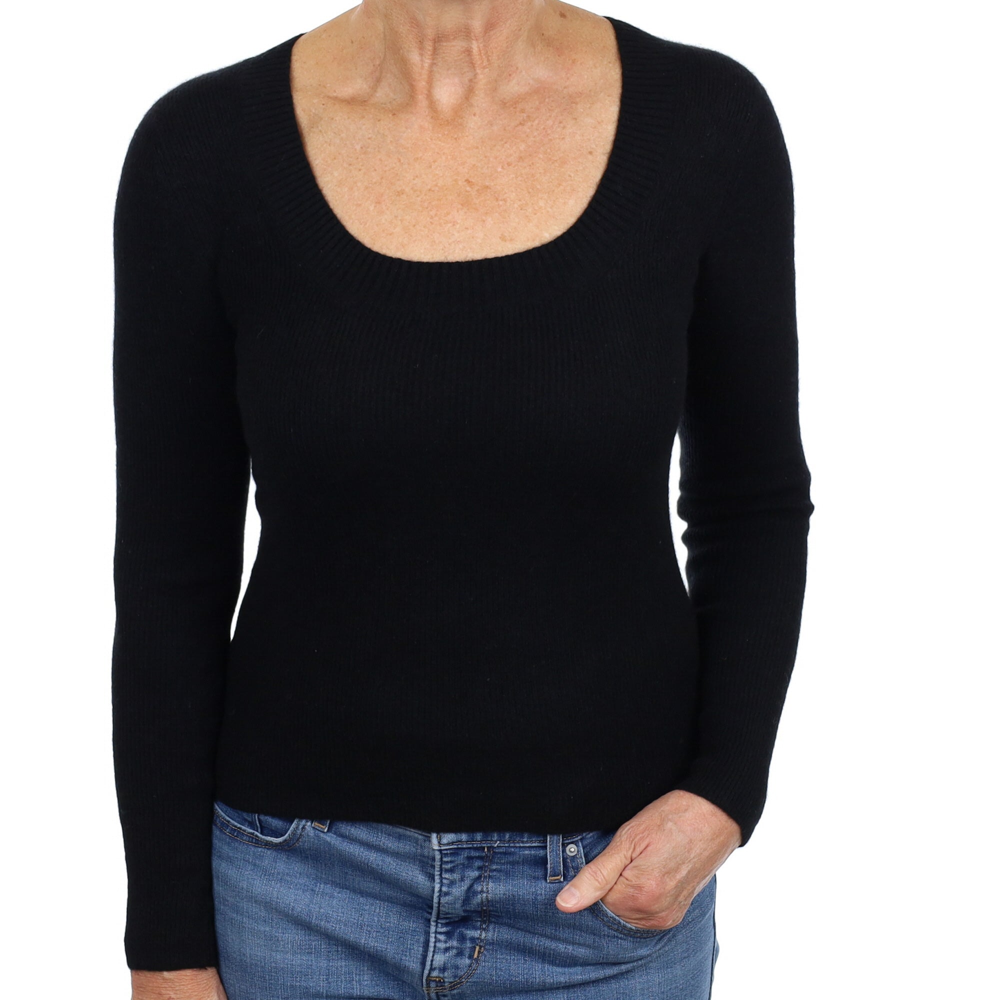 Black Skinny Rib Cashmere Scoop Neck Jumper Medium