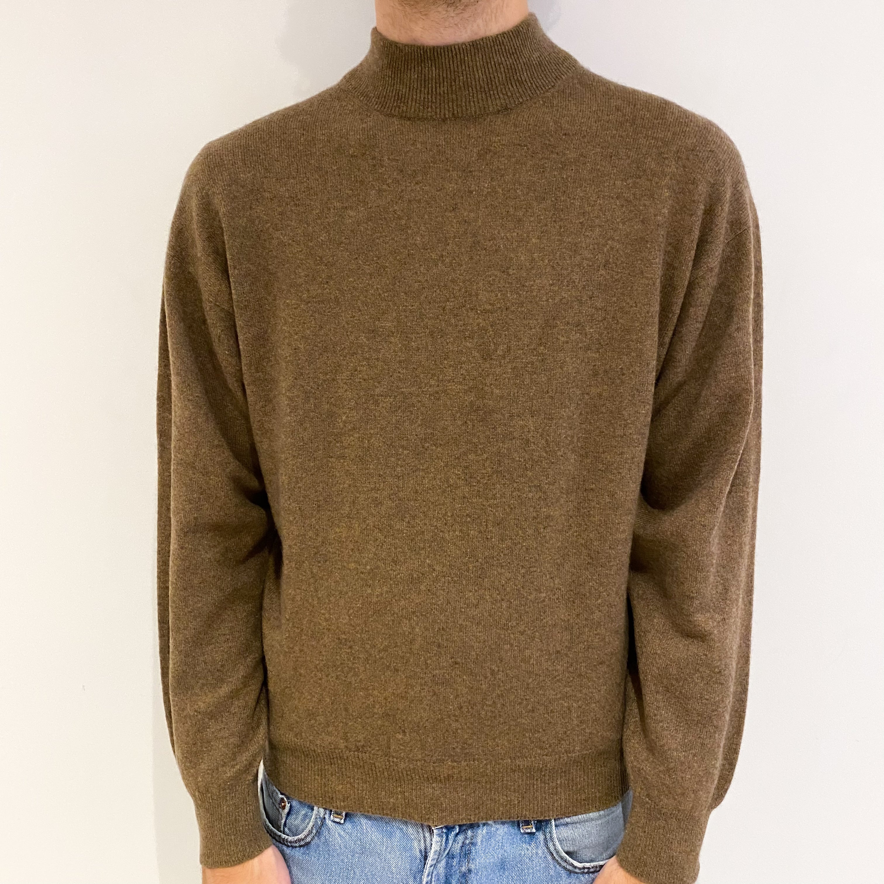 Men's Camel Brown Marl Cashmere Turtle Neck Jumper Large