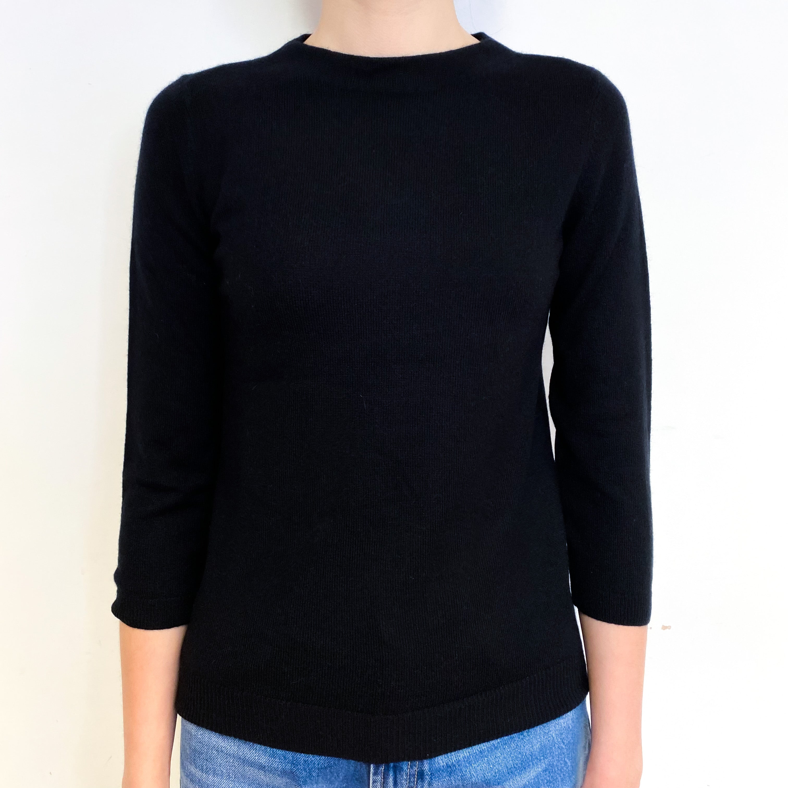 Black 3/4 Sleeve Cashmere Crew Neck Jumper Extra Small