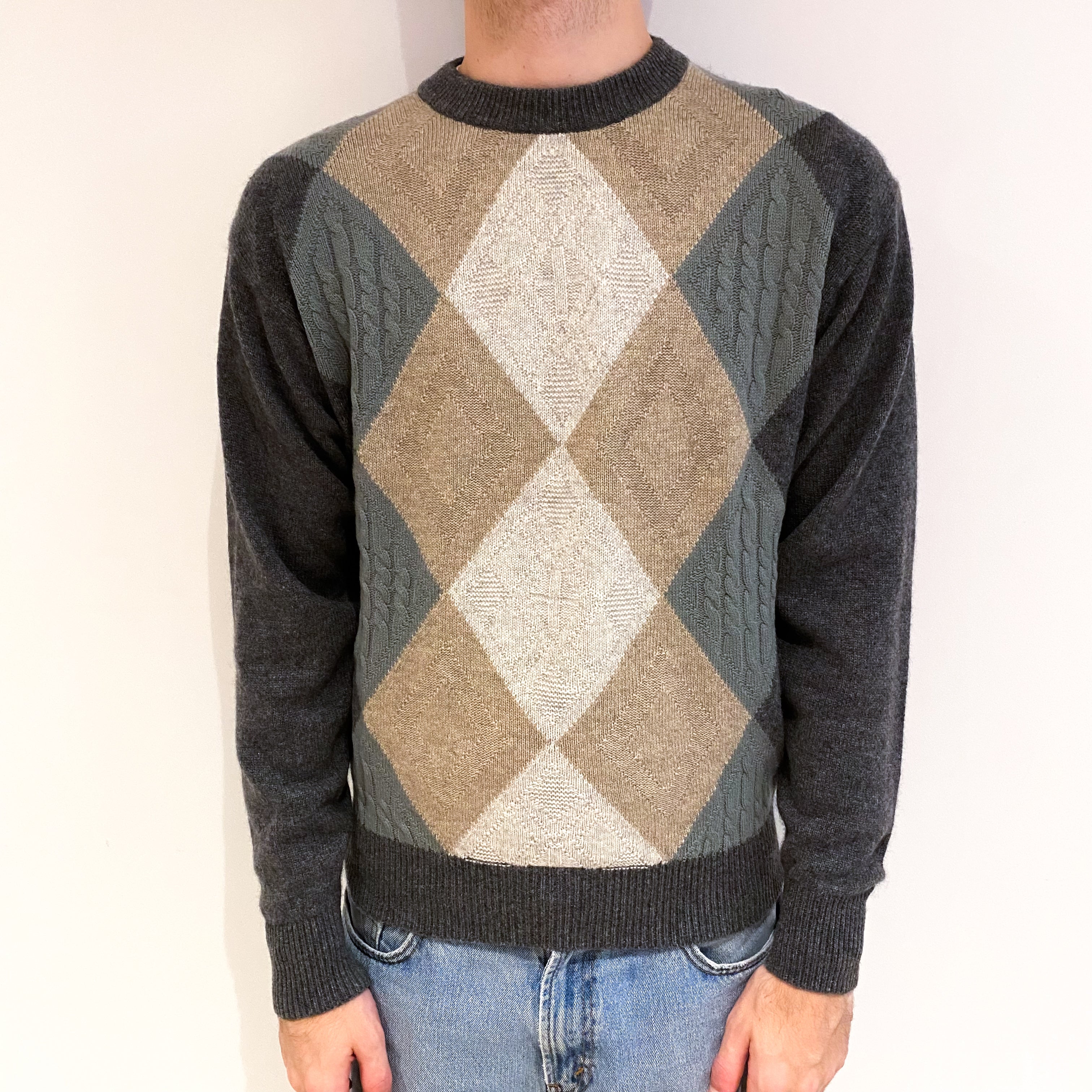 Men's Ash Grey With Textured Diamond Design Cashmere Crew Neck Jumper Medium