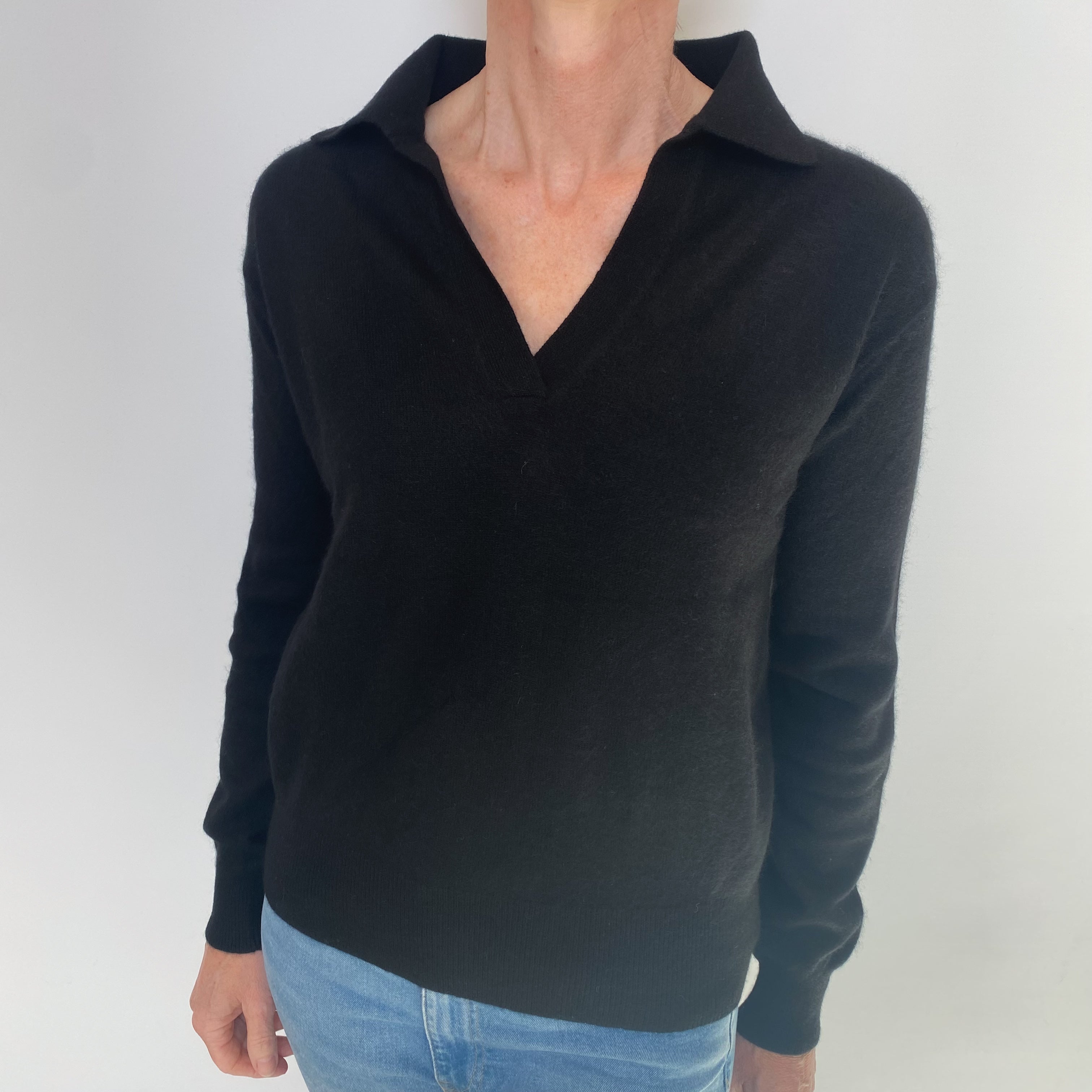Black Cashmere Collared V Neck Jumper Small