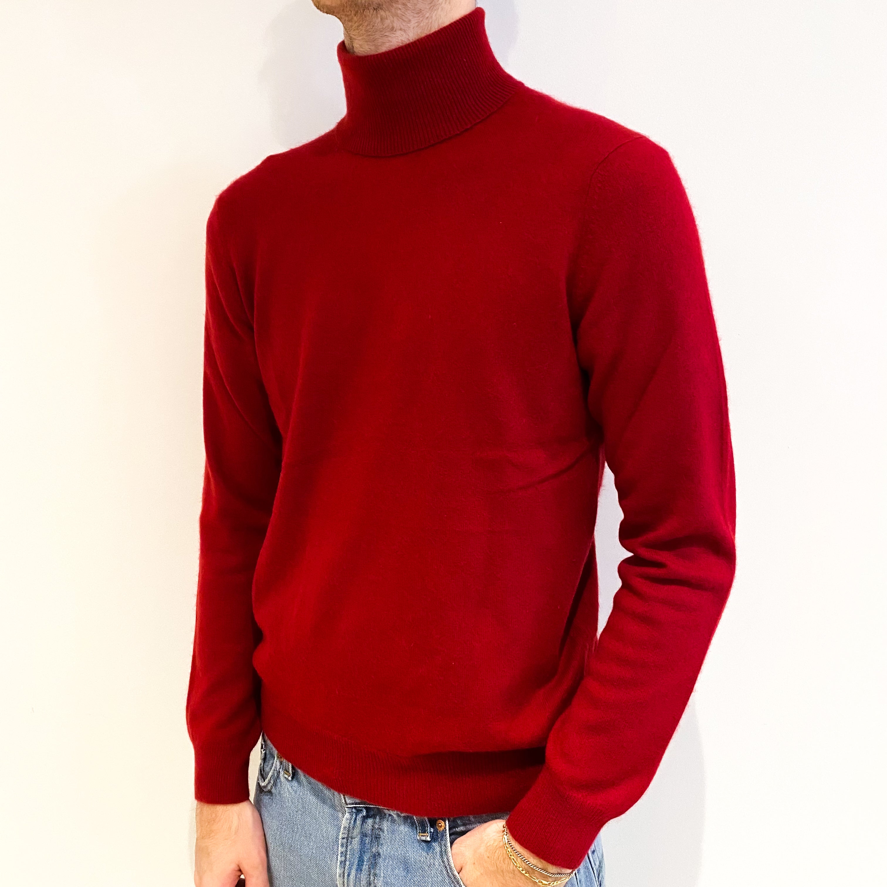 Men's Tomato Red Cashmere Polo Neck Jumper Medium