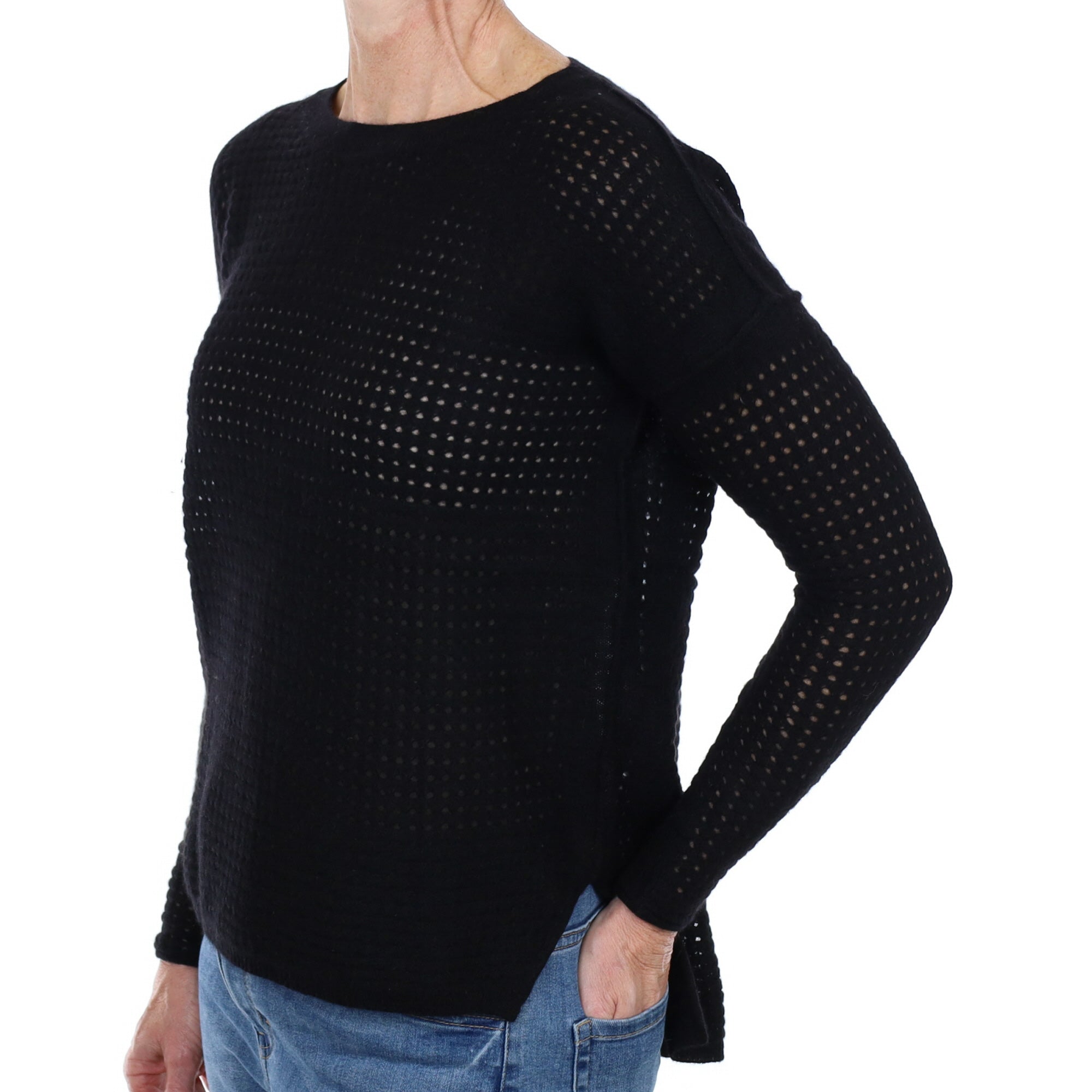 Black Fishnet Knit Cashmere Crew Neck Jumper Small