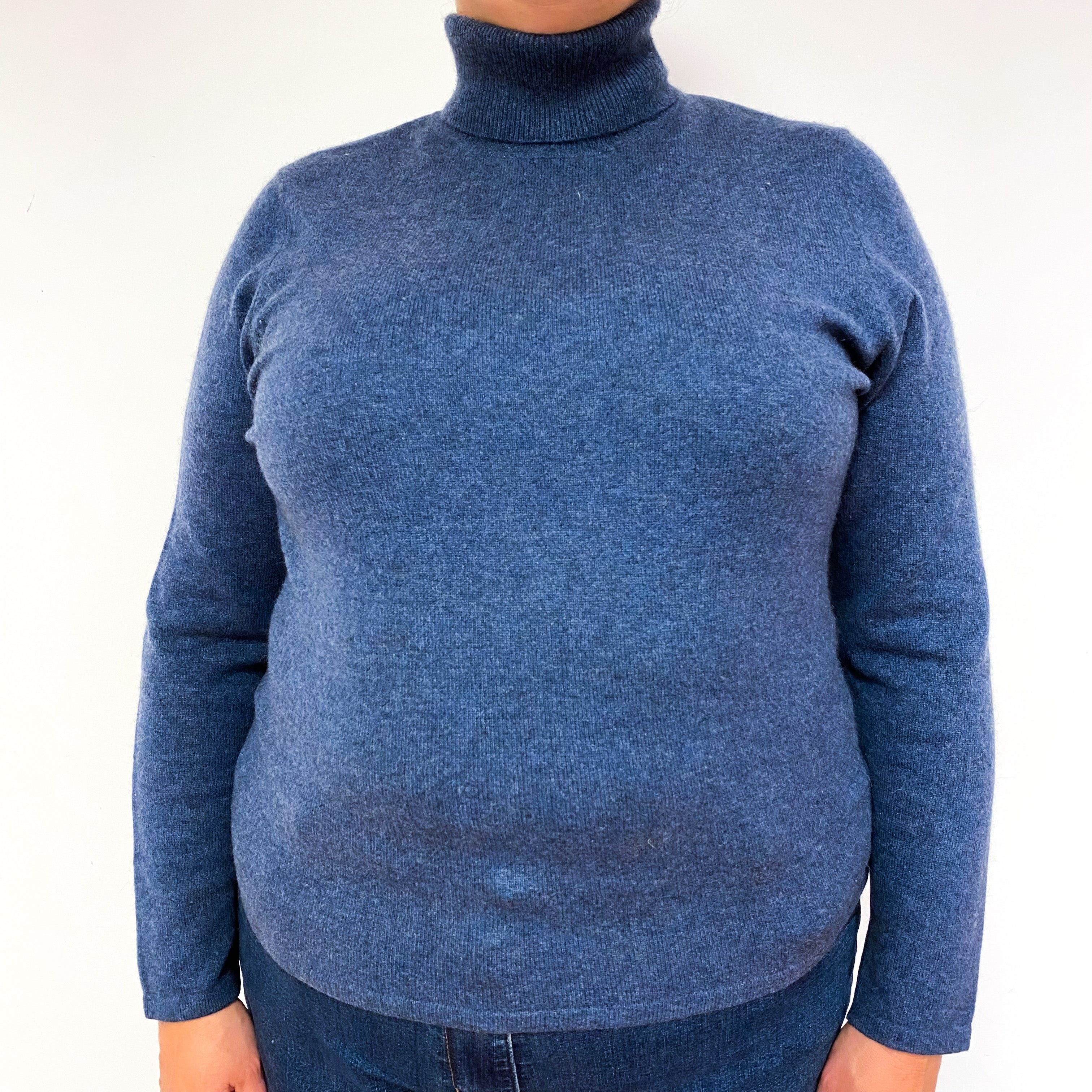 Denim Blue Cashmere Polo Neck Jumper Extra Large