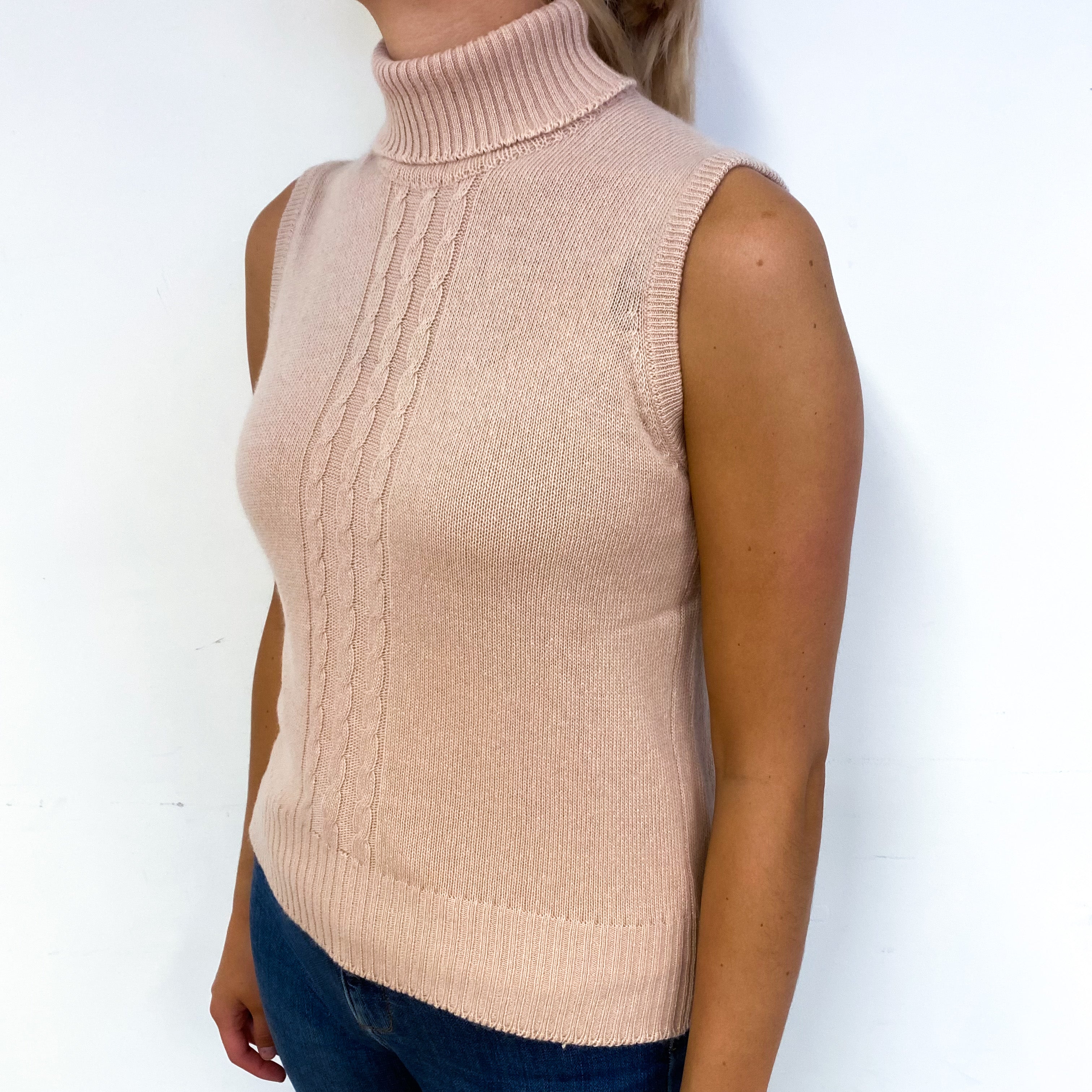 Nude Pink Cashmere Sleeveless Polo Neck Jumper Small