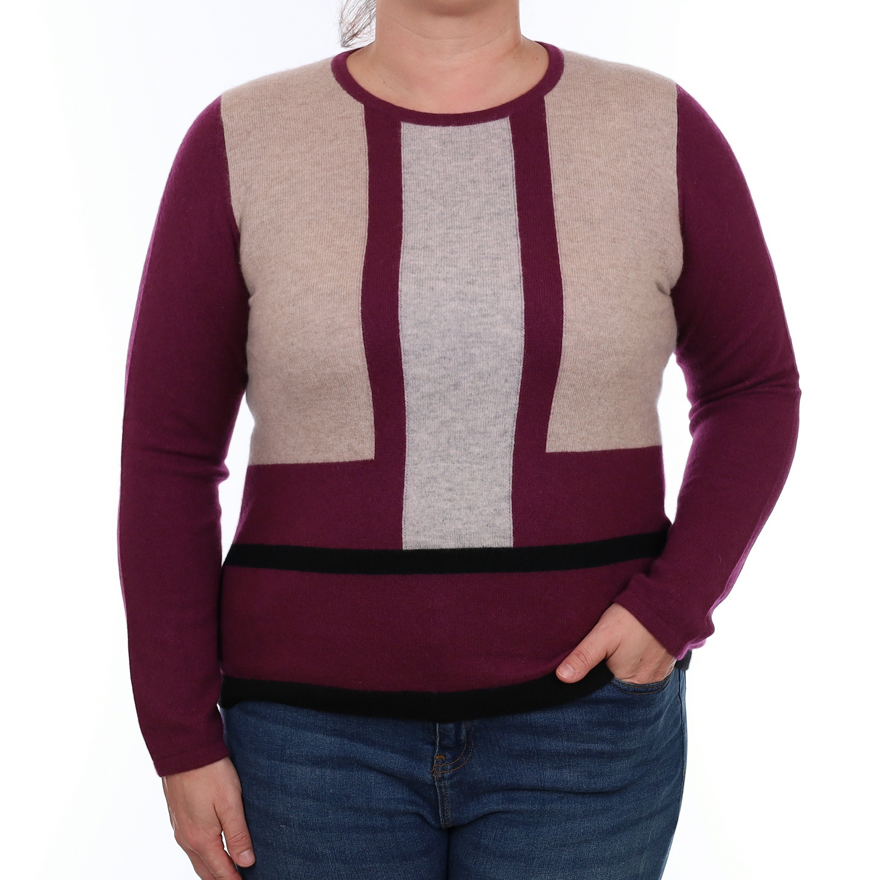 Plum Purple Colour Block Cashmere Crew Neck Jumper Large