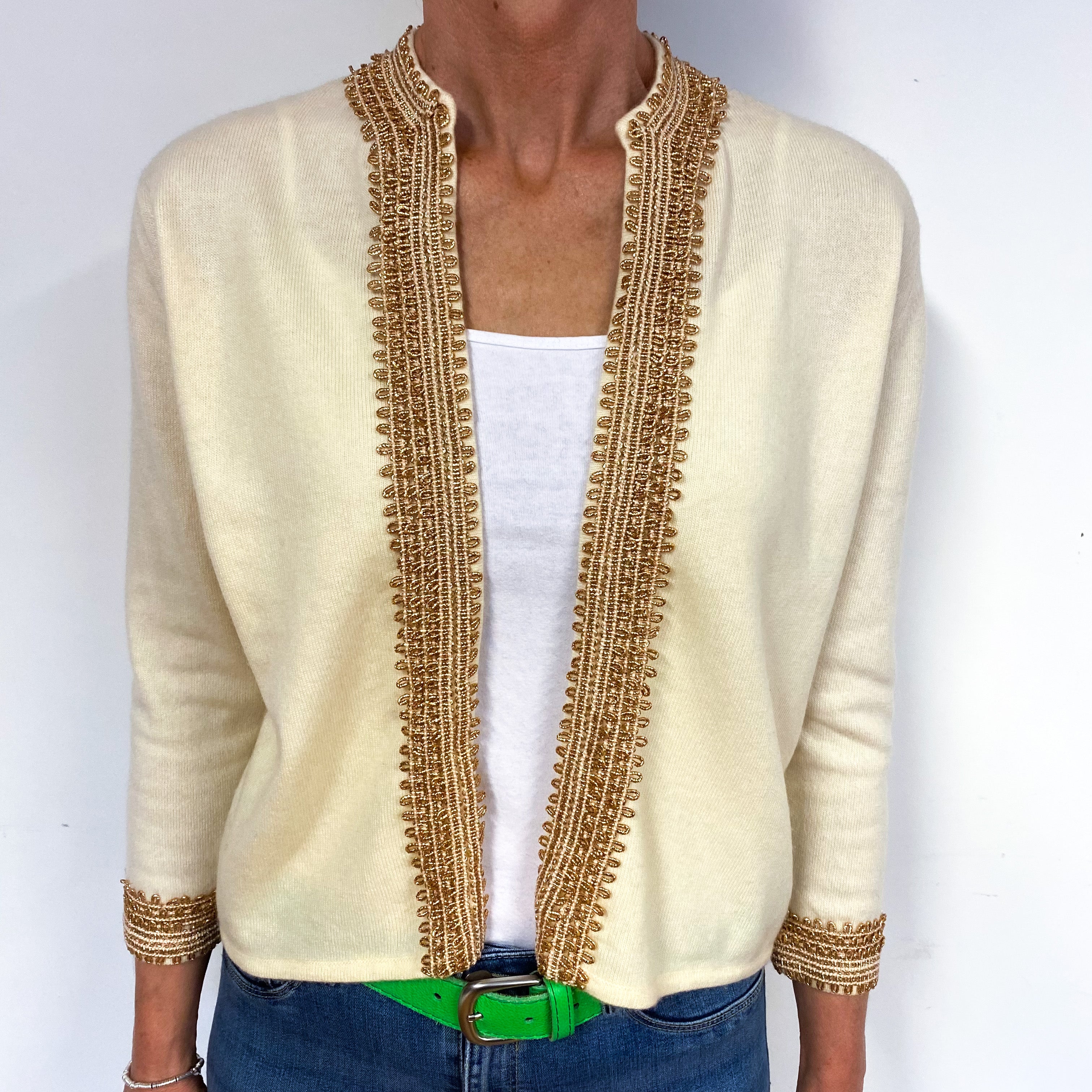Vintage Pringle Cream Gold Trimmed Cashmere Cardigan Medium