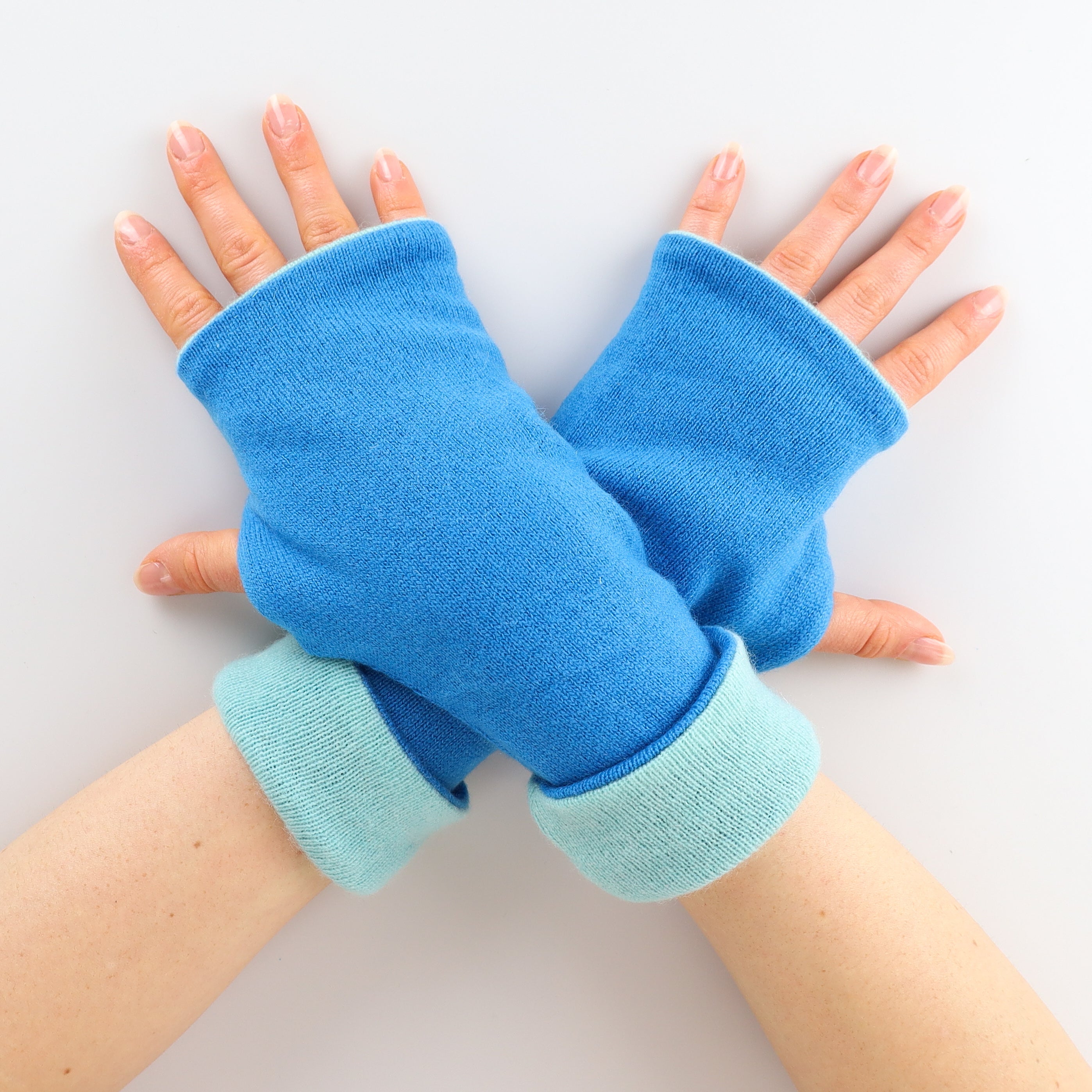 Mediterranean Blue and Mint Green Reversible Cashmere Fingerless Gloves