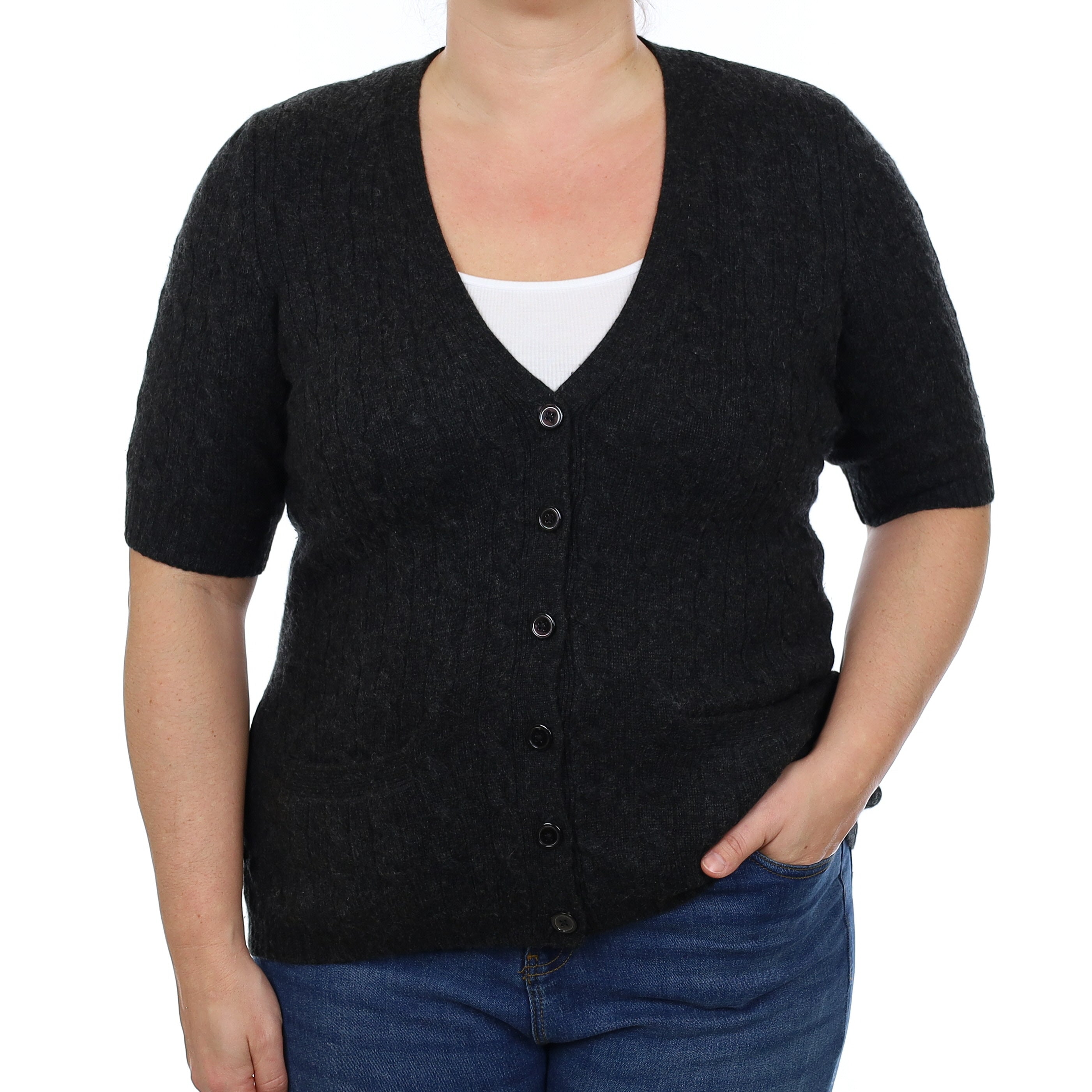 Ralph Lauren Charcoal Cable Cashmere Short Sleeve V Neck Cardigan Large