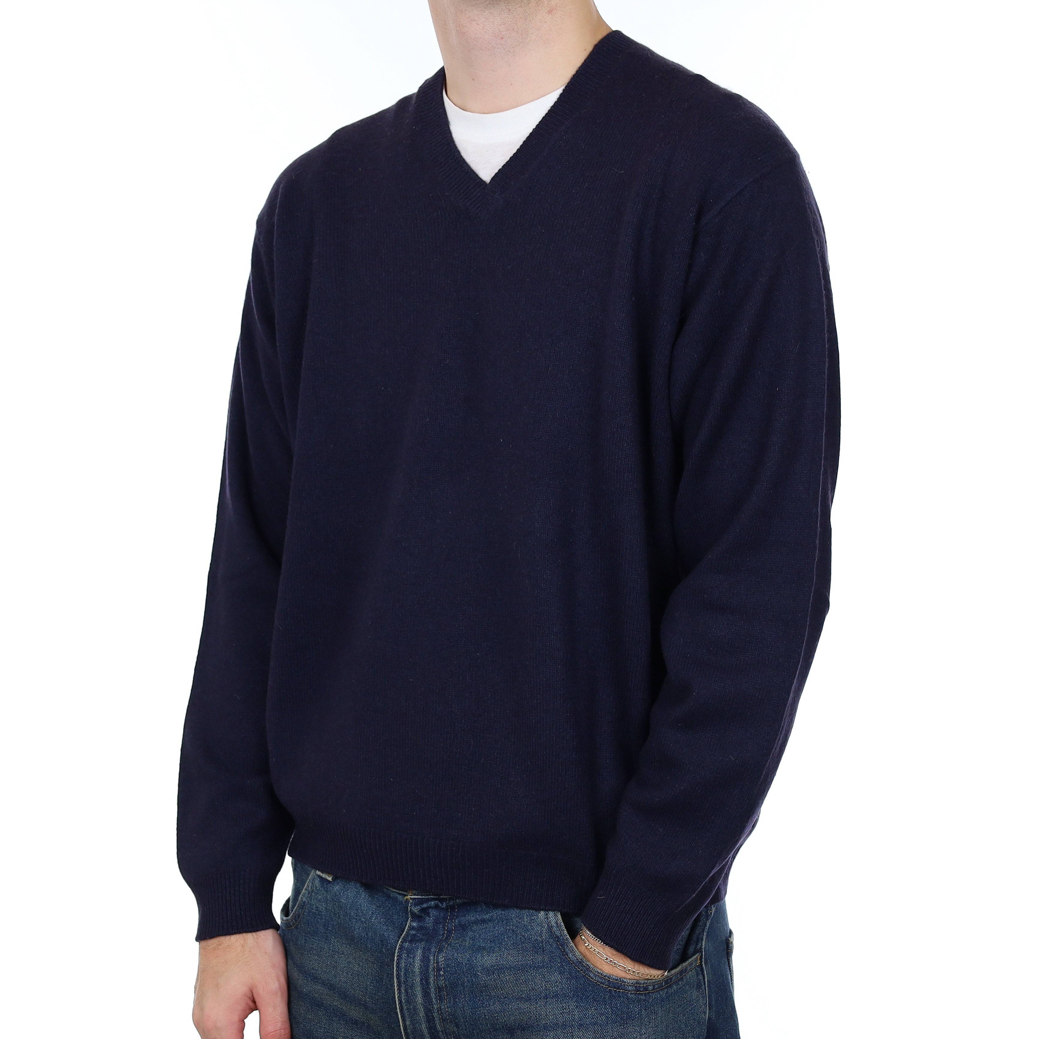 Men’s Dark Navy Cashmere V Neck Jumper Large