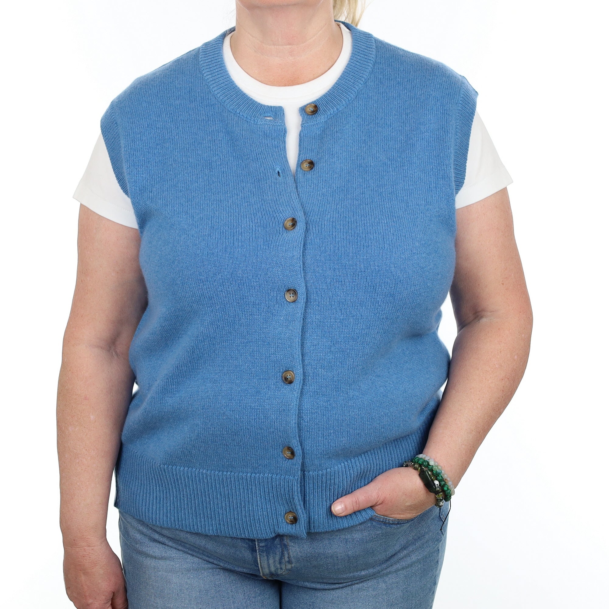 Brand New Mediterranean Blue Luxury Cashmere Crew Neck Waistcoat Extra Large UK 20-22