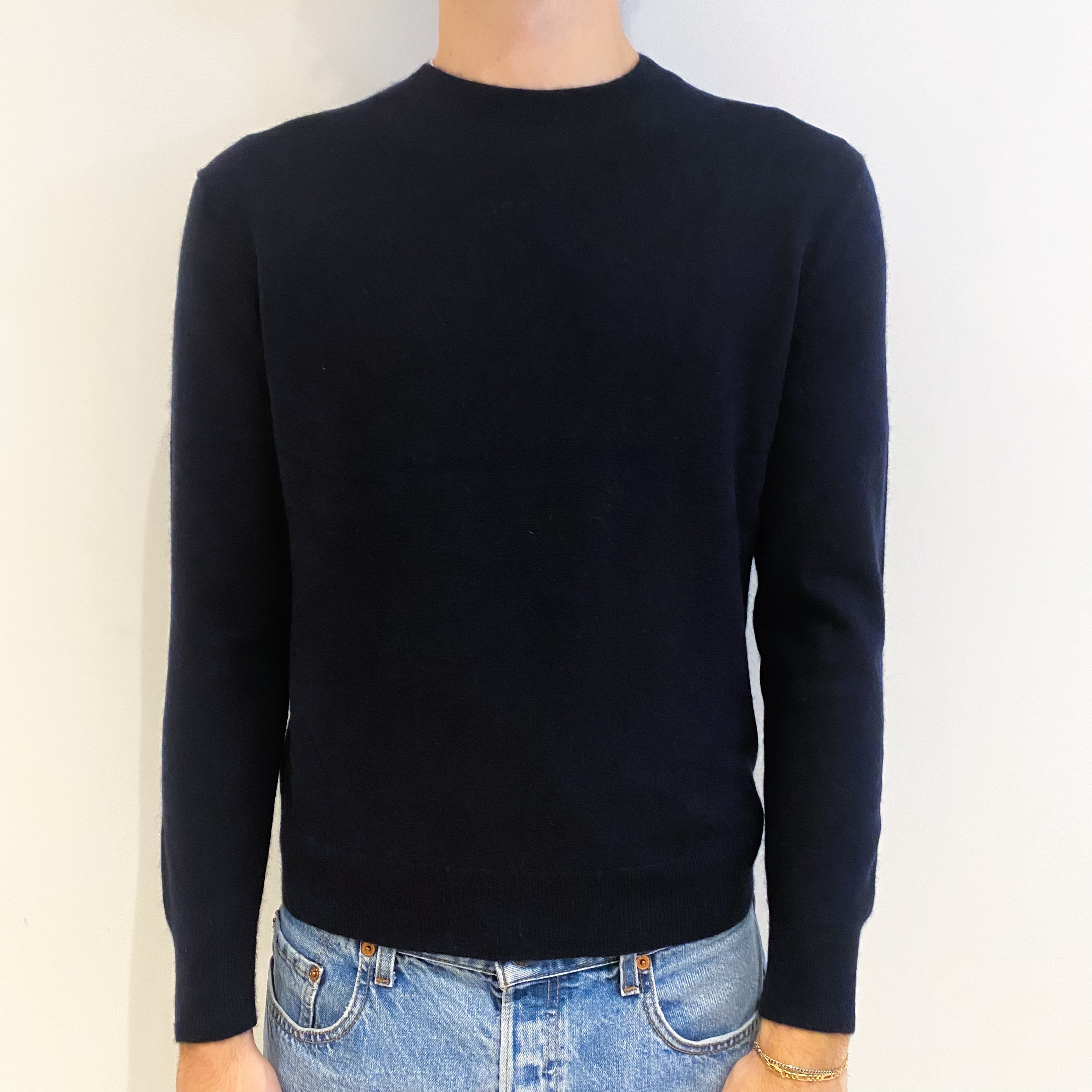 Men's Navy Blue Cashmere Crew Neck Jumper Large