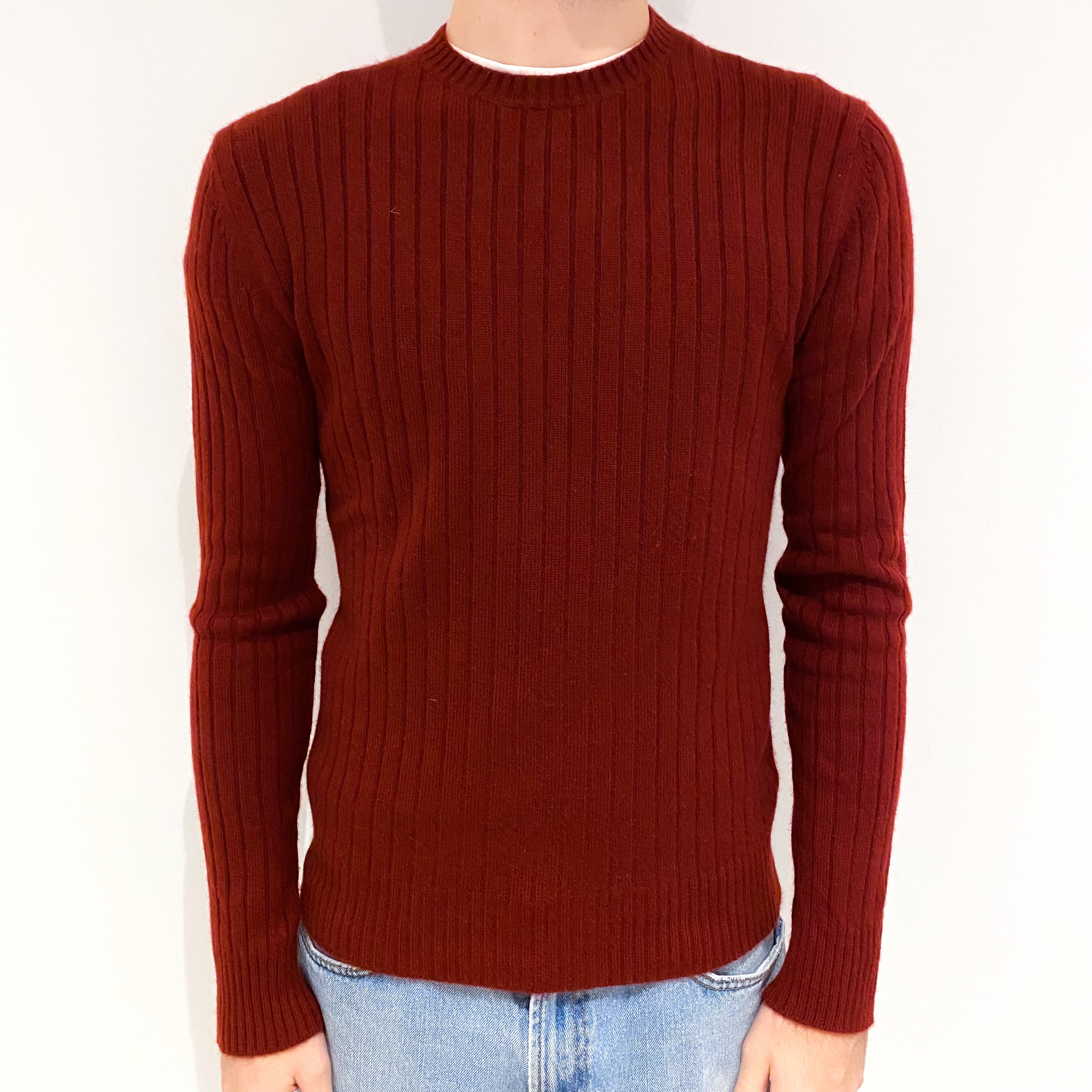 Men’s Burgundy Red Ribbed Heavy knit Cashmere Crew Neck Jumper Medium