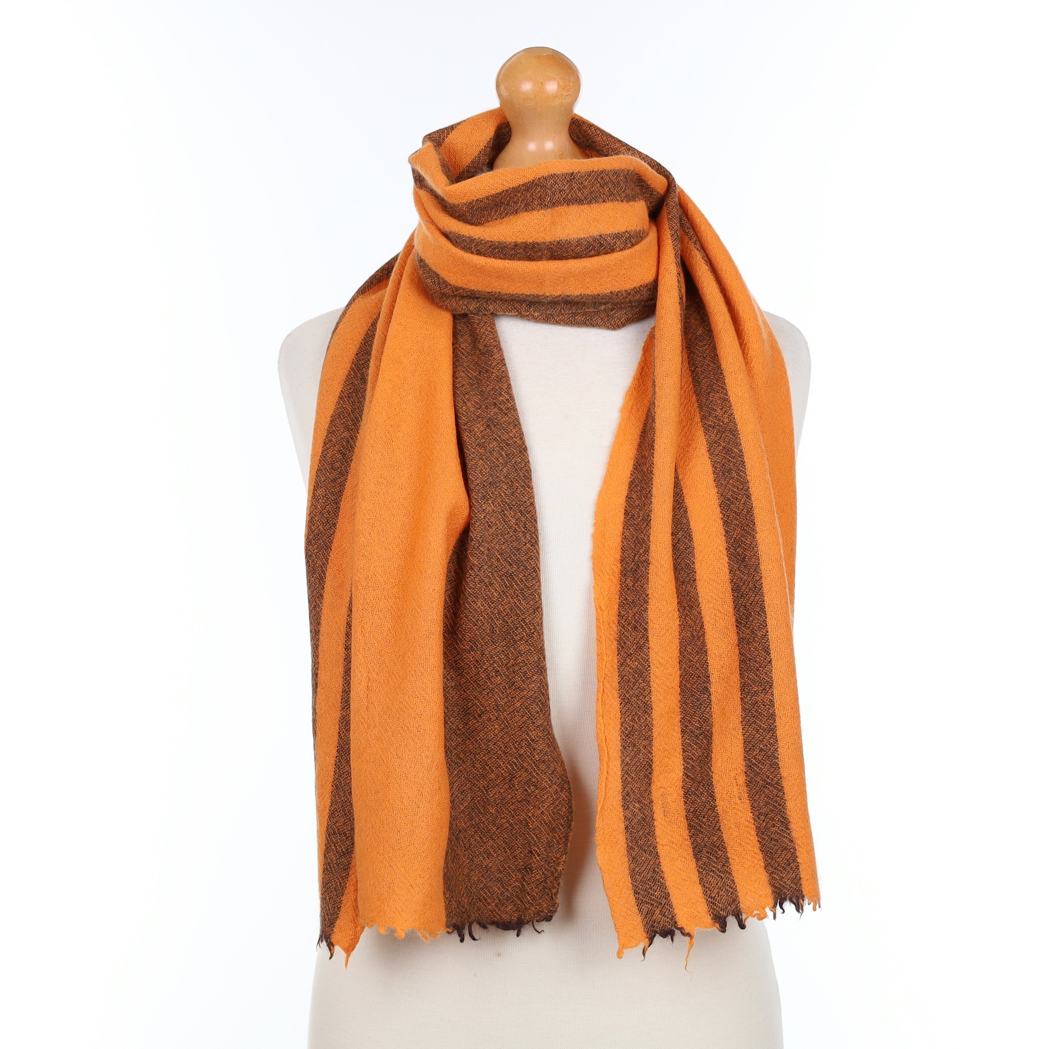 Orange and Brown Striped Cashmere Woven Scarf