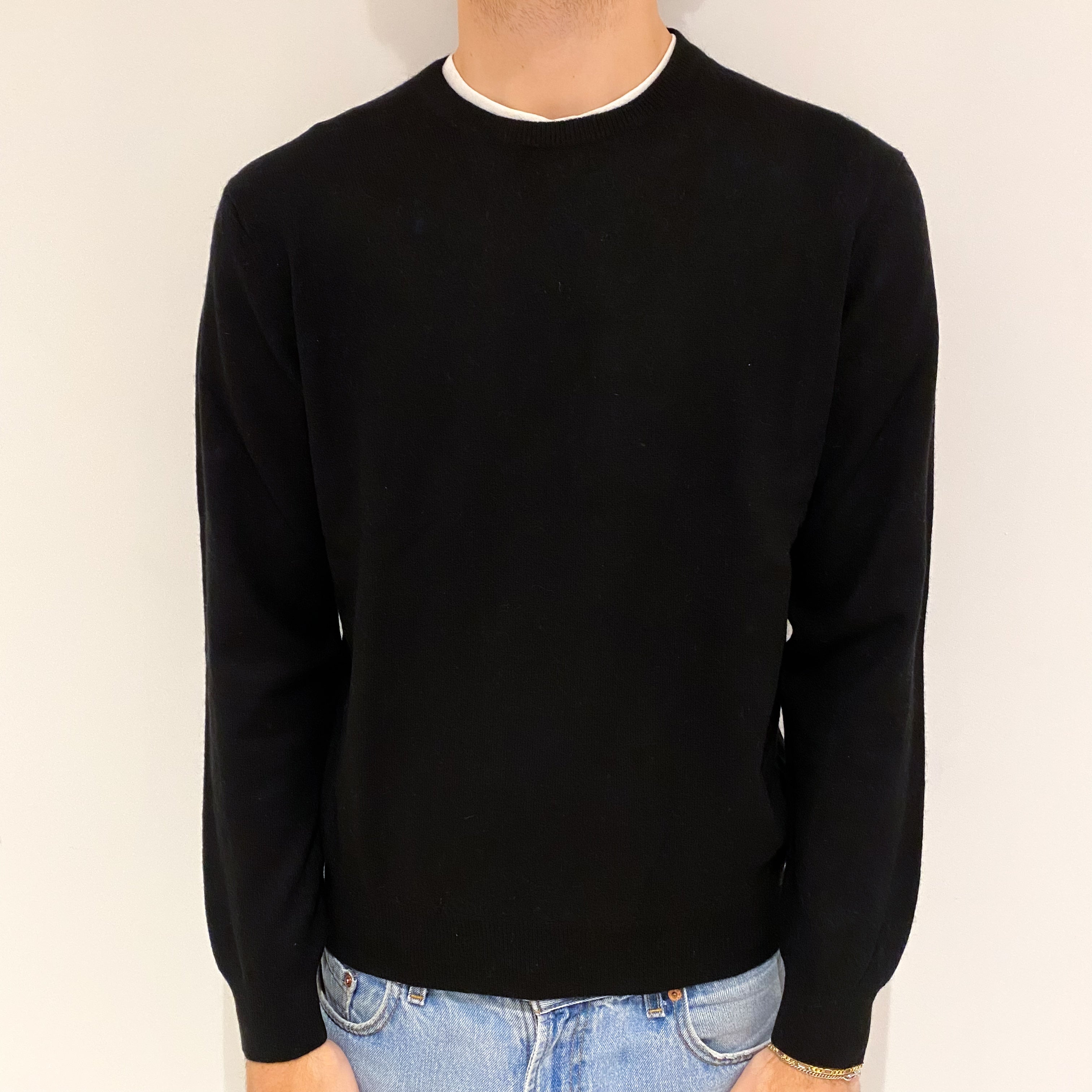 Men's Black Cashmere Crew Neck Jumper Large