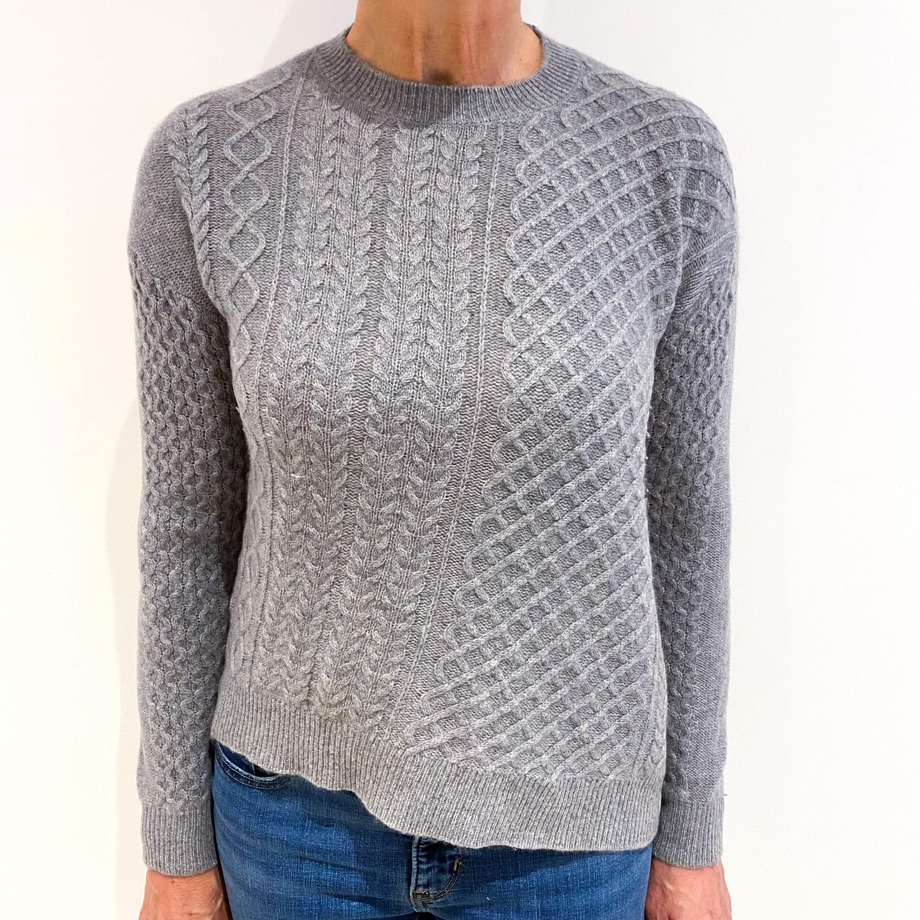 Ash Grey Cashmere Crew Neck All Over Cable Knit Jumper Medium