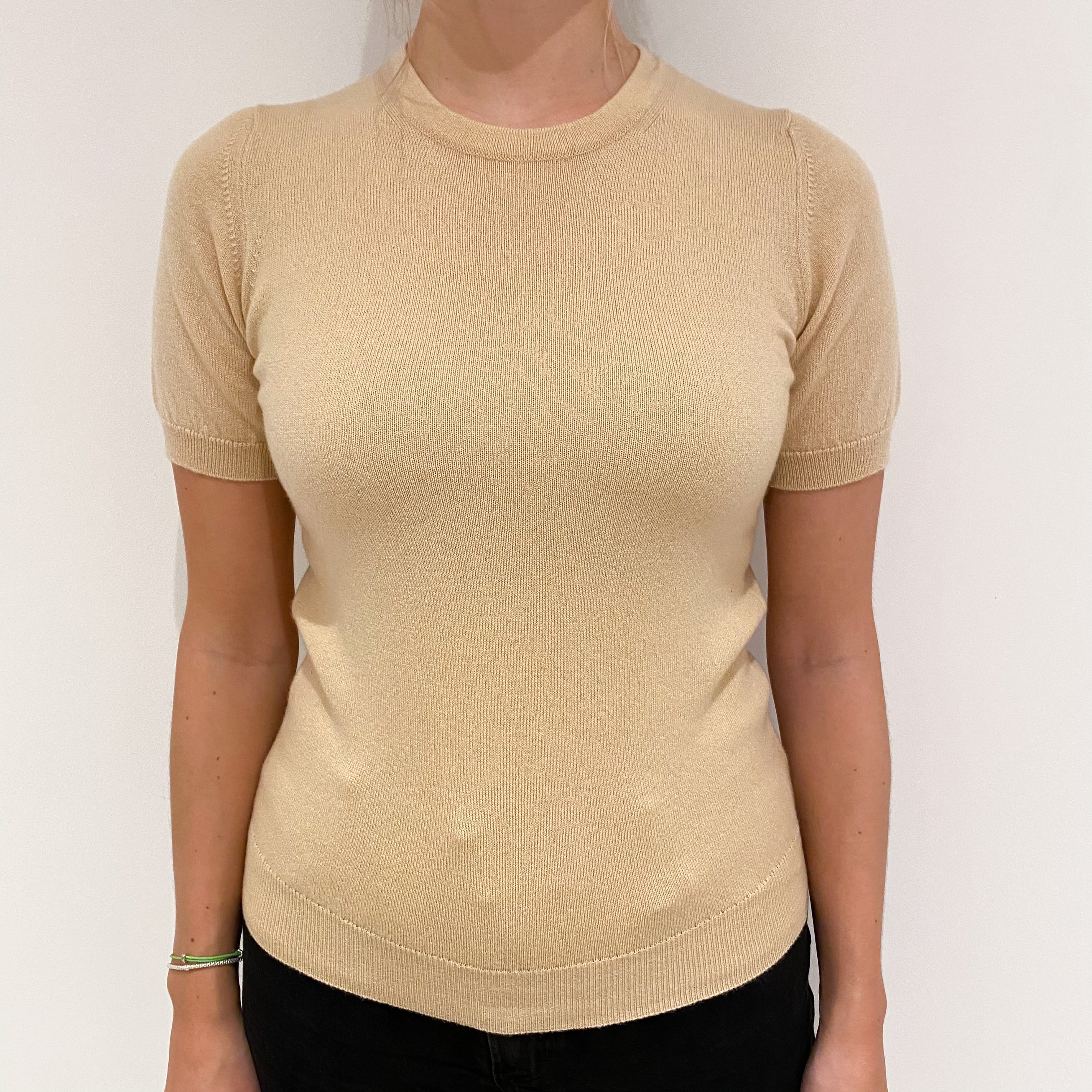 Brand New Scottish Warm Beige Short Sleeved Cashmere Crew Neck Jumper Small