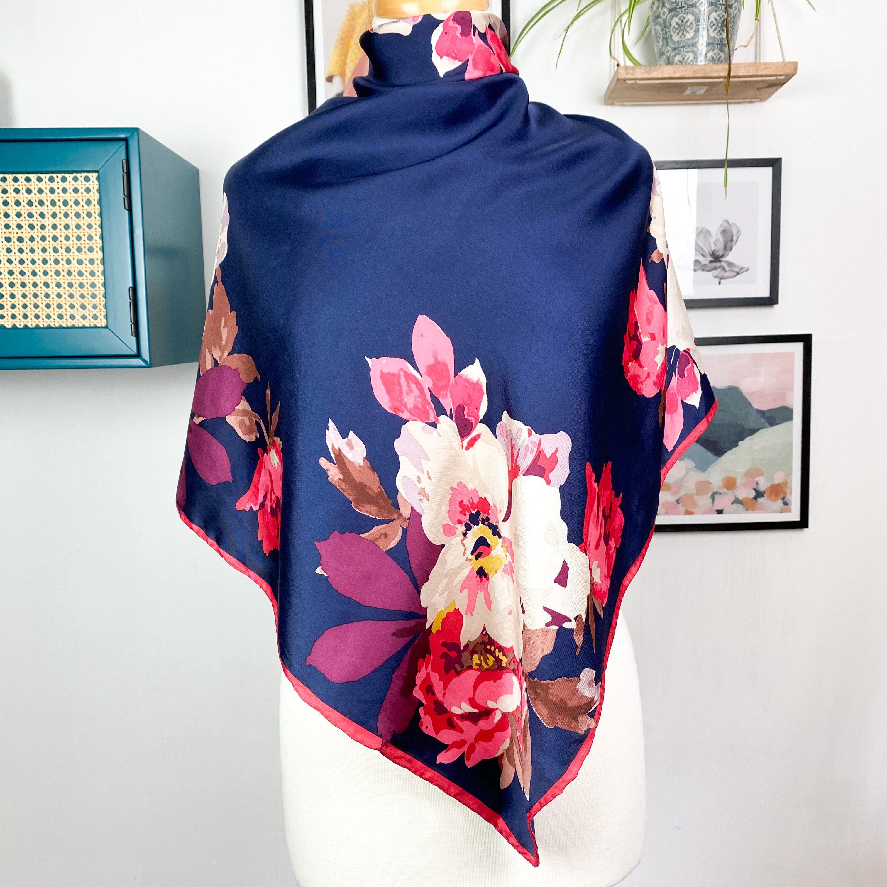 Navy and Pink Joules Silk Scarf