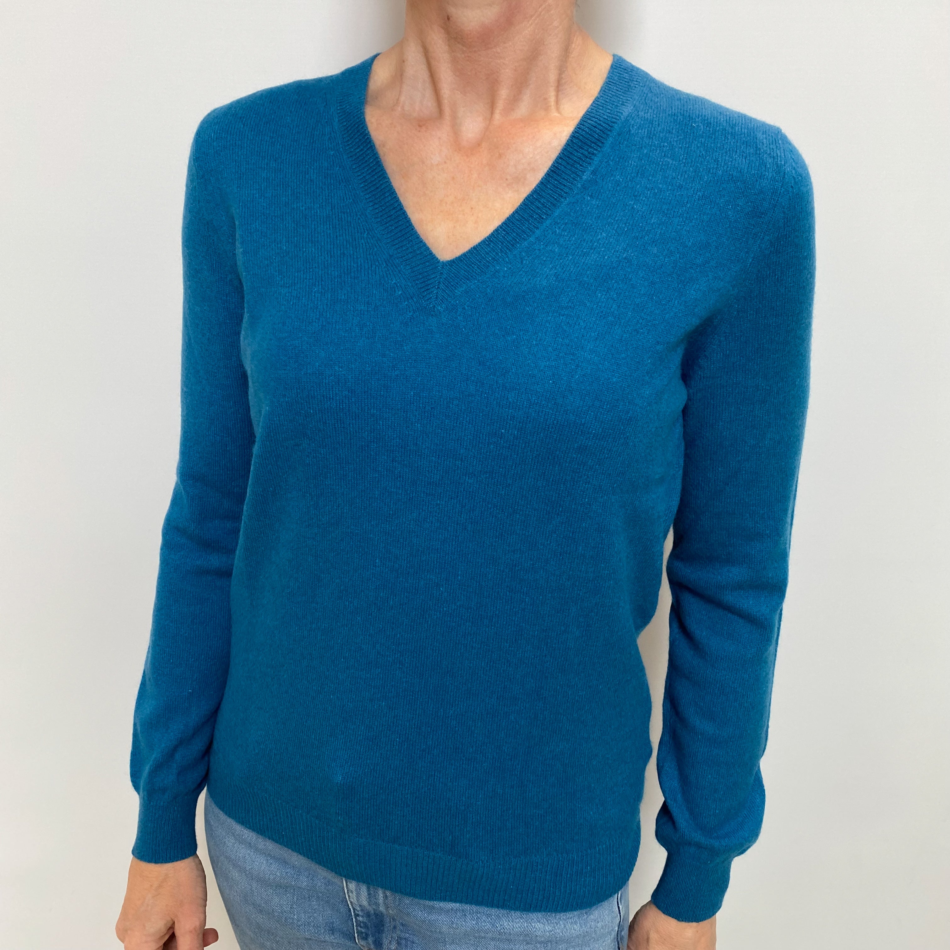 Teal Blue Cashmere V Neck Jumper Small
