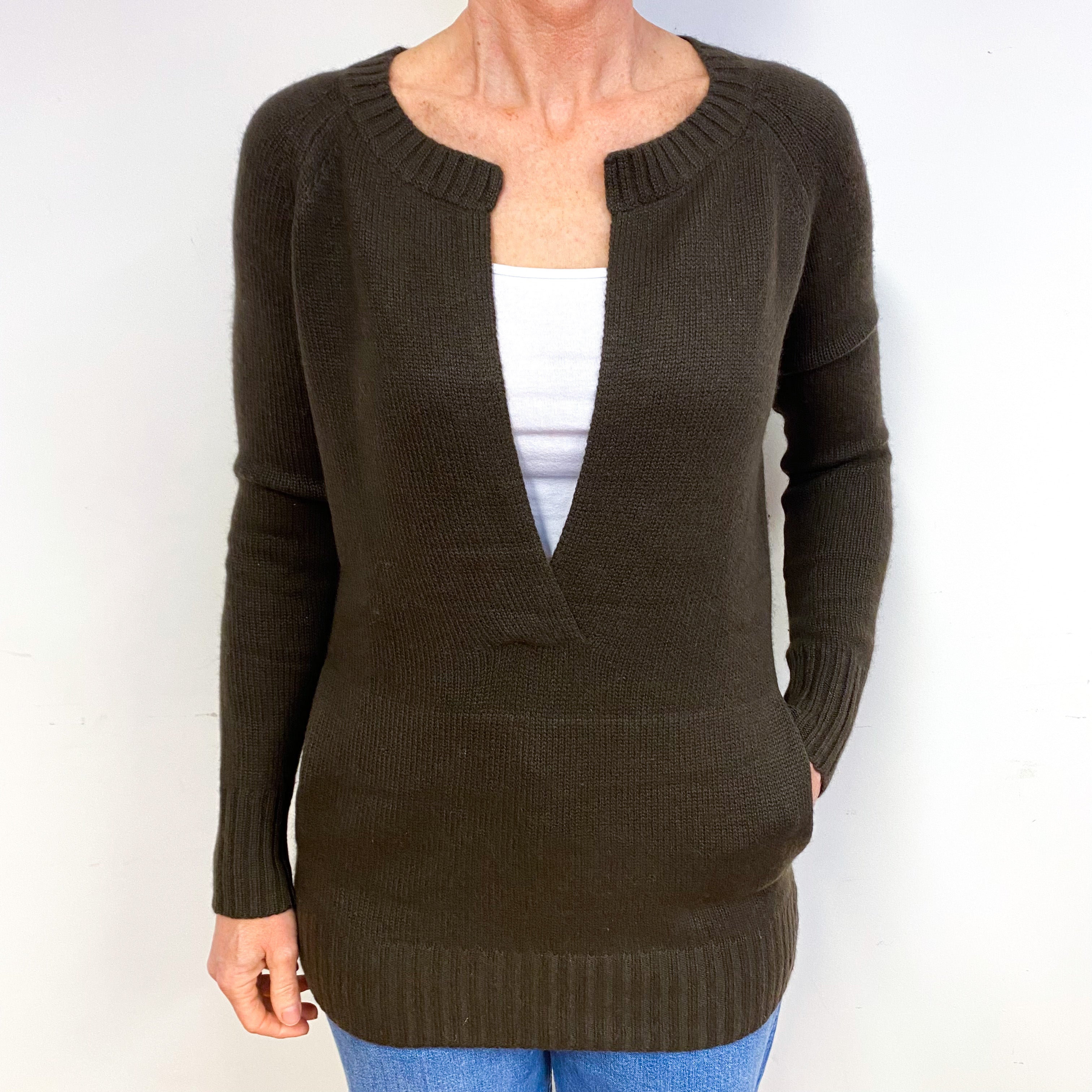 Theory Khaki Brown Cashmere Low V-Neck Tunic Jumper Medium