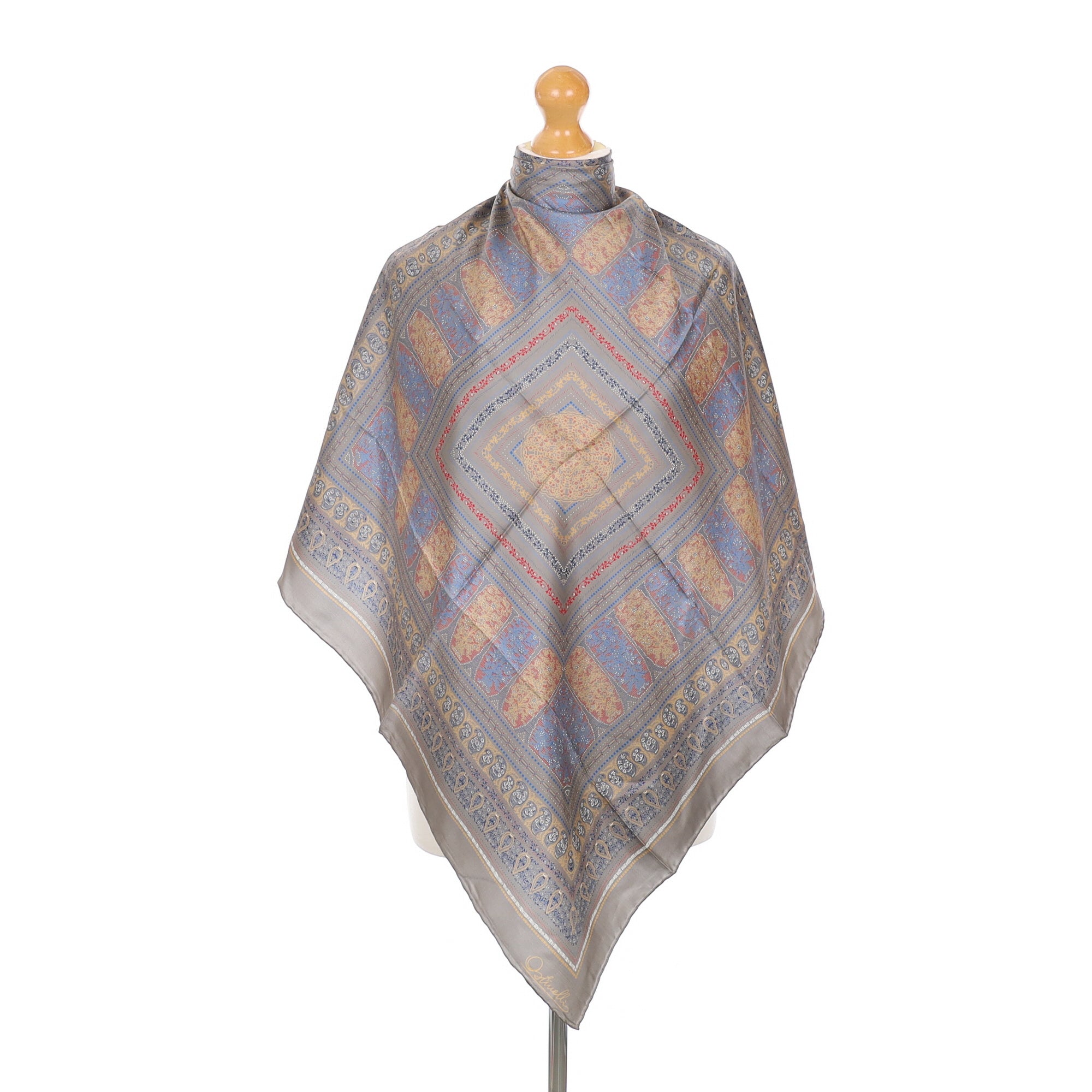Brand New 1970’s Ostinelli Grey and Gold Vintage Silk Scarf