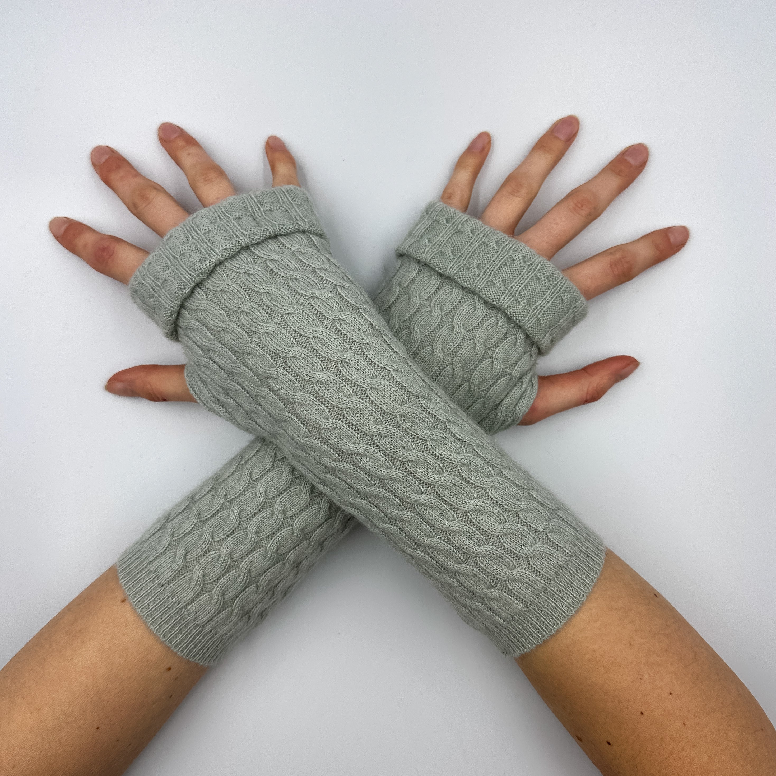 Soft Sage Cable Fingerless Gloves