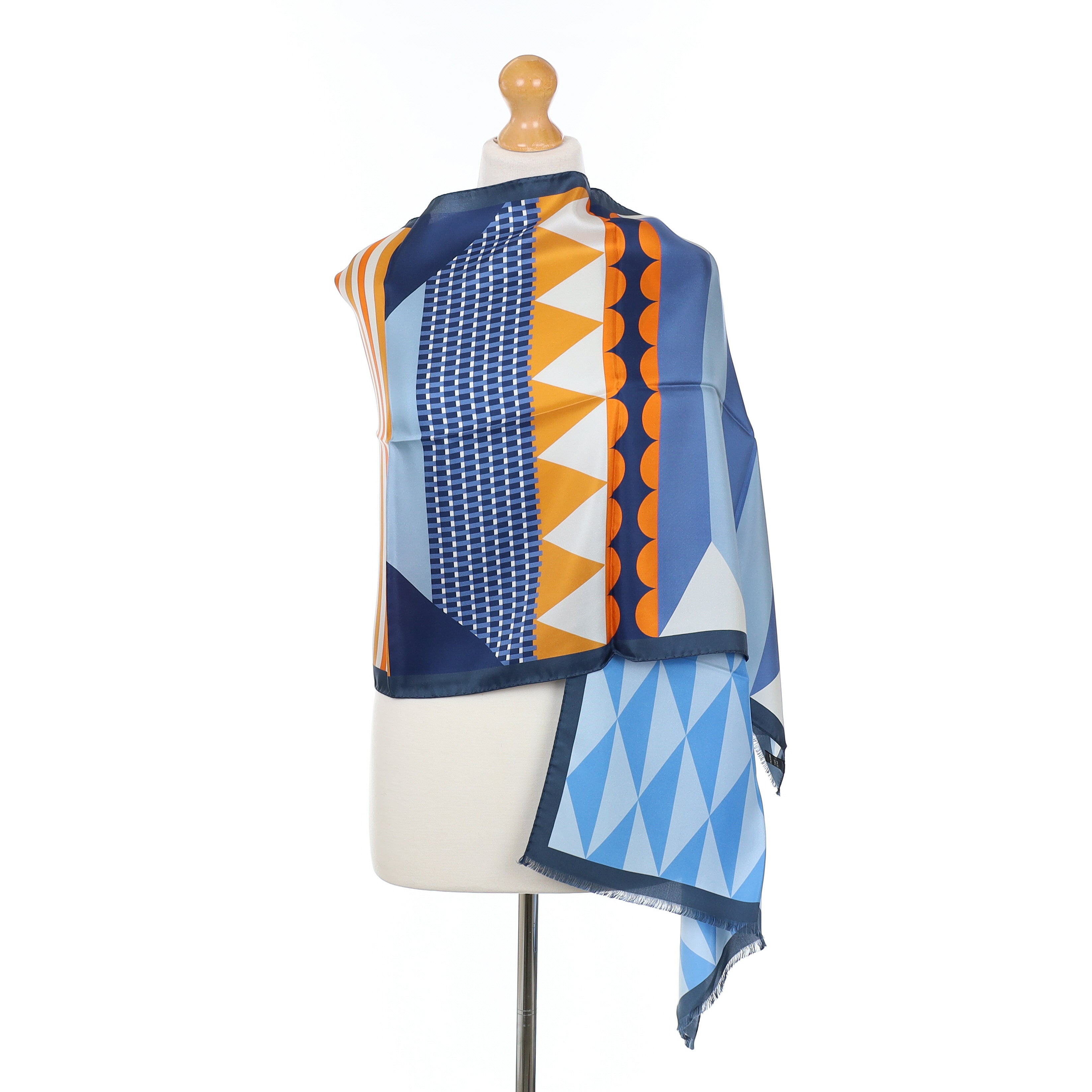 Brand New Italian Blue and Orange Geometric Silk Wrap