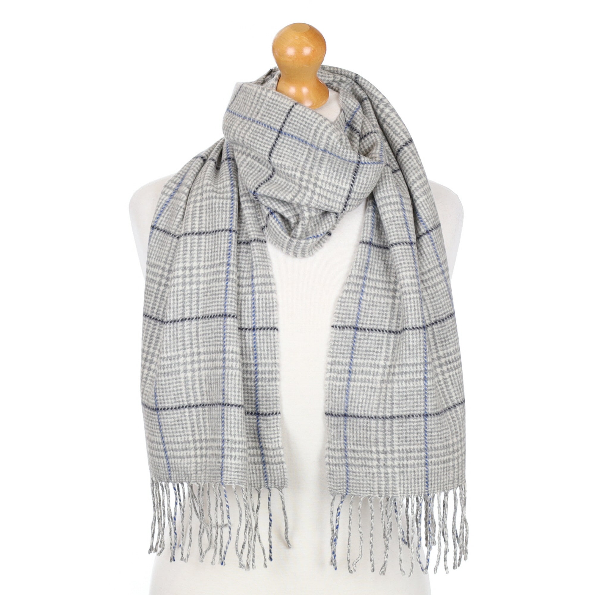 Pale Grey and Blue Checked Fringed Cashmere Woven Scarf