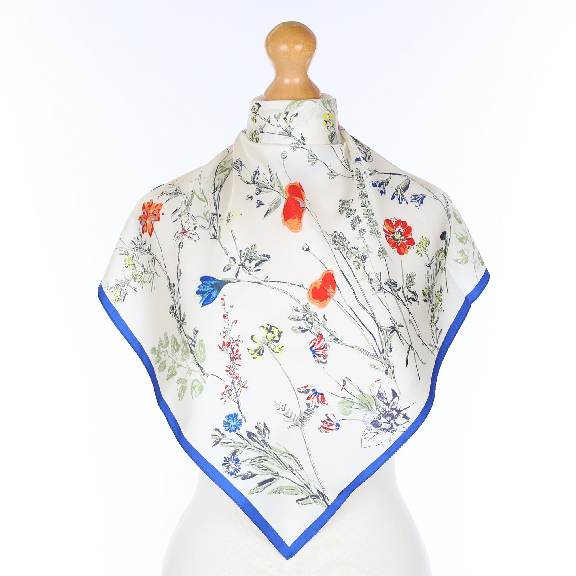 Brand New Cream And Blue Floral Silk Scarf