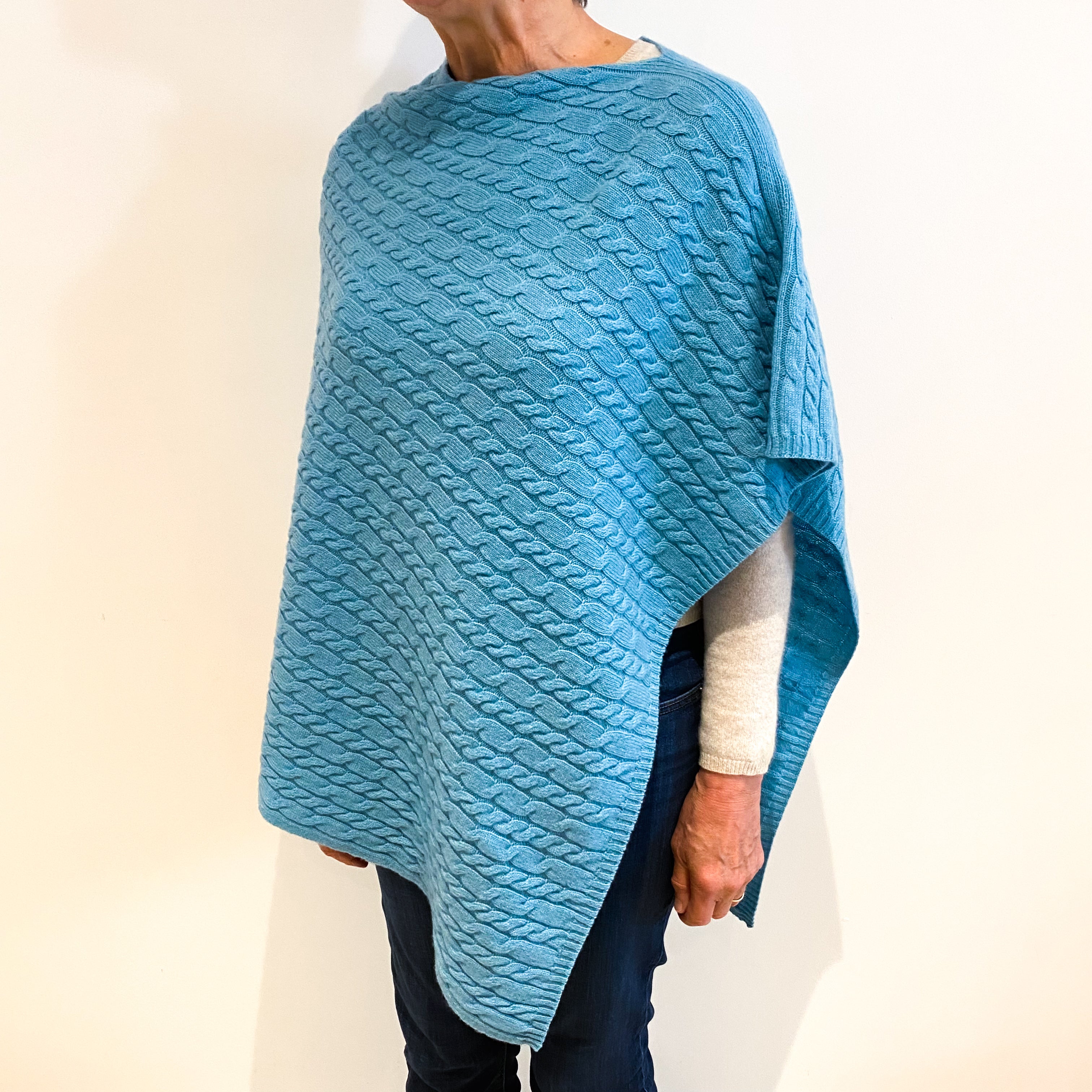 Brand New Scottish Estuary Blue Cashmere Cable Poncho One Size