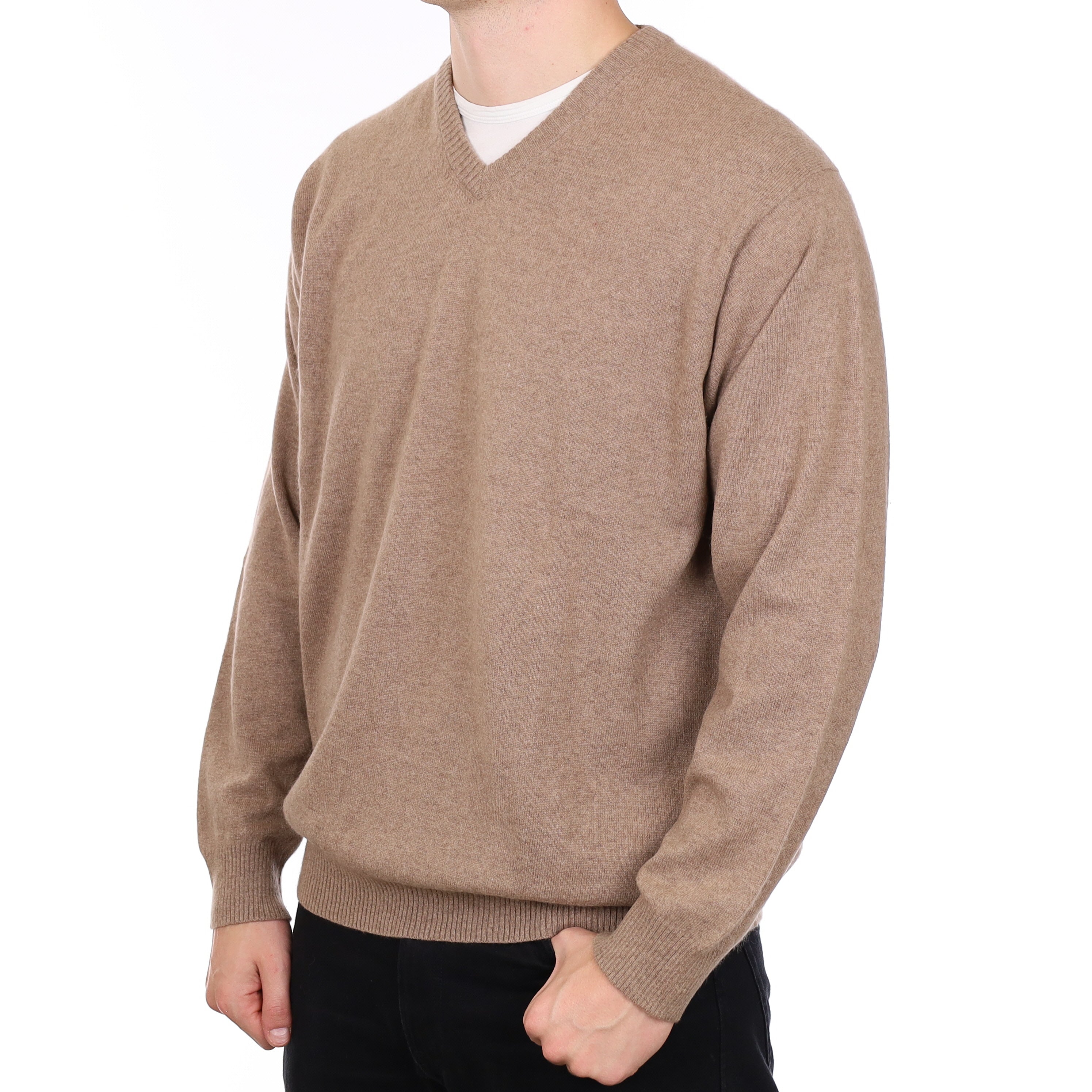 Men’s Taupe Brown Cashmere V Neck Jumper Extra Large