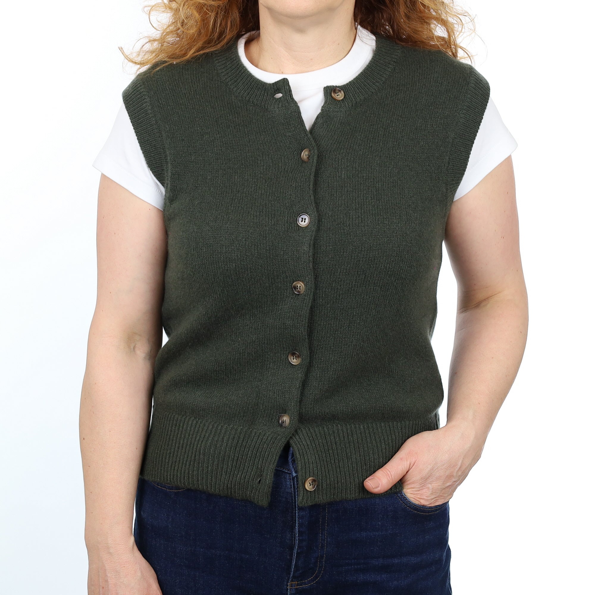 Brand New Khaki Luxury Cashmere Crew Neck Waistcoat Medium UK 12-14