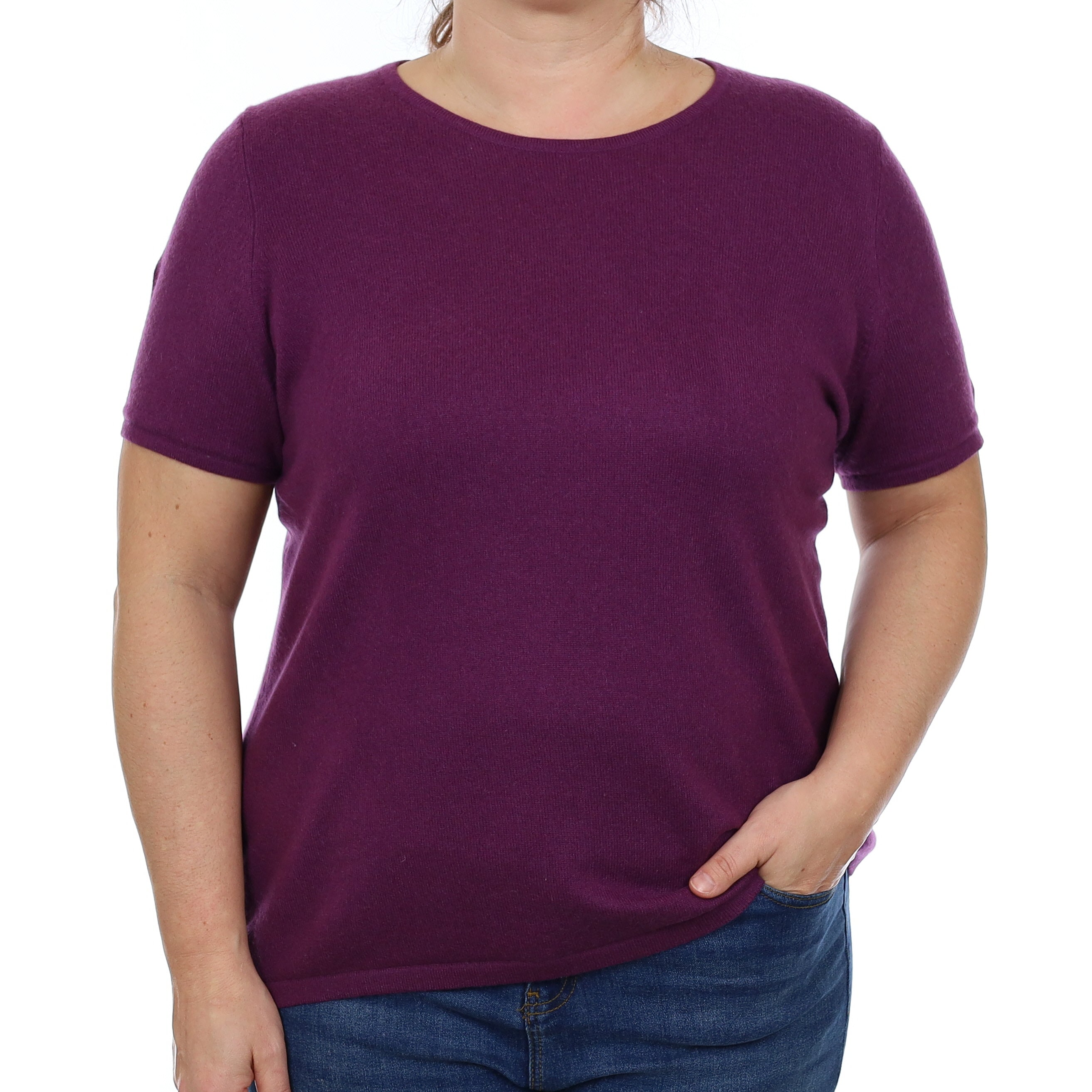 Blackberry Purple Cashmere Short Sleeved Crew Neck Jumper Large