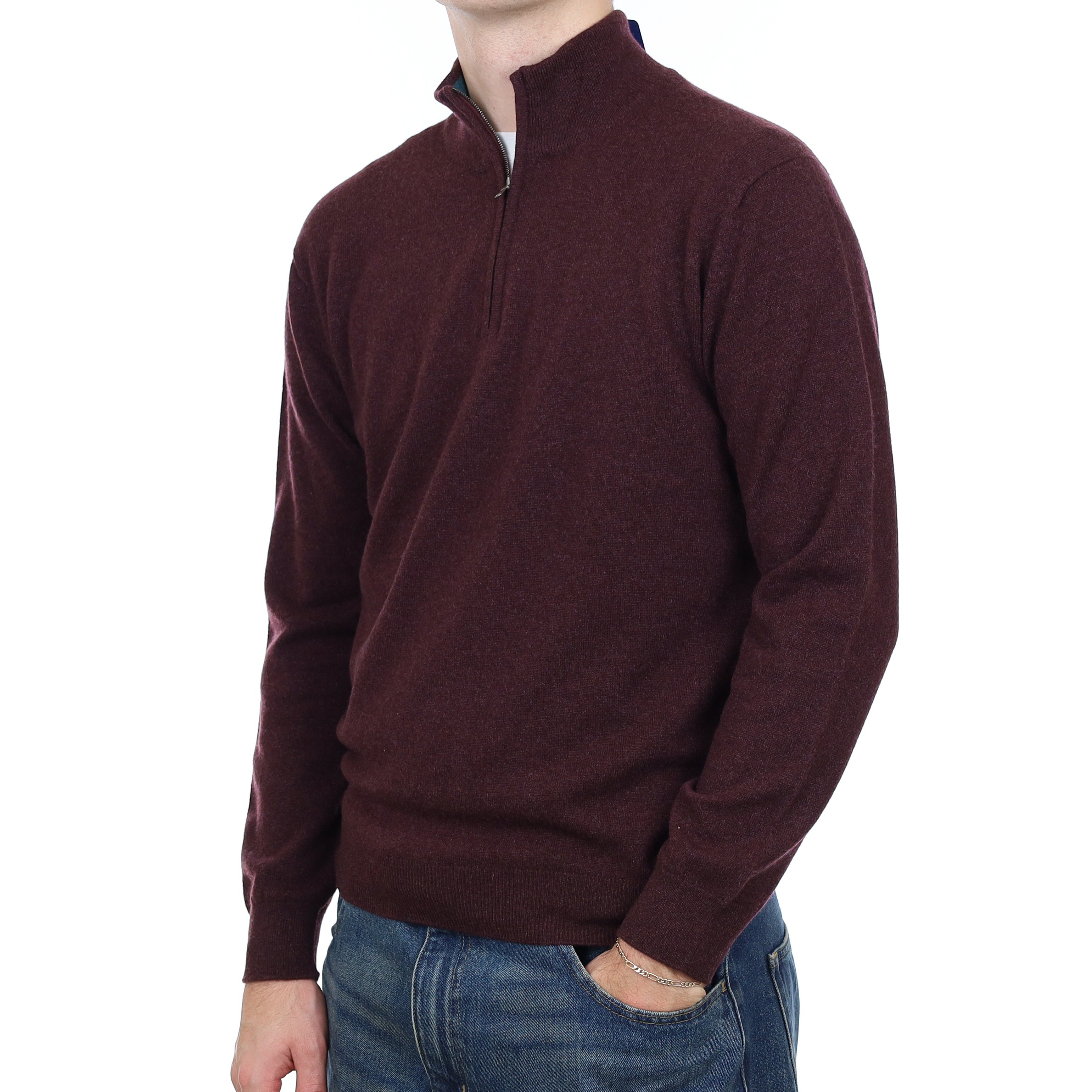Men’s Brand New Scottish Aubergine Purple Cashmere 1/4 Zip Jumper Medium