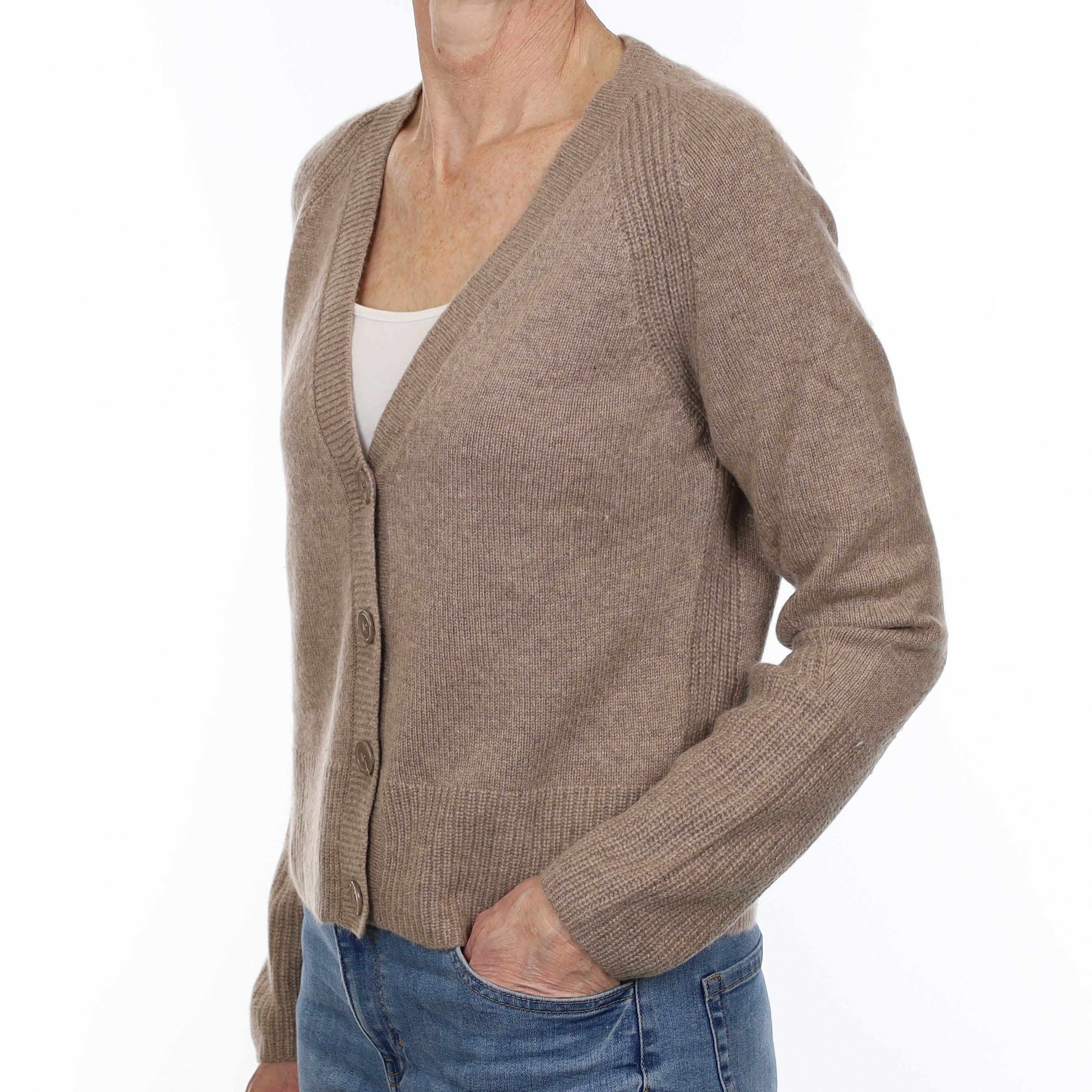 Mink Brown Heavy Knit Cashmere V Neck Cardigan Small