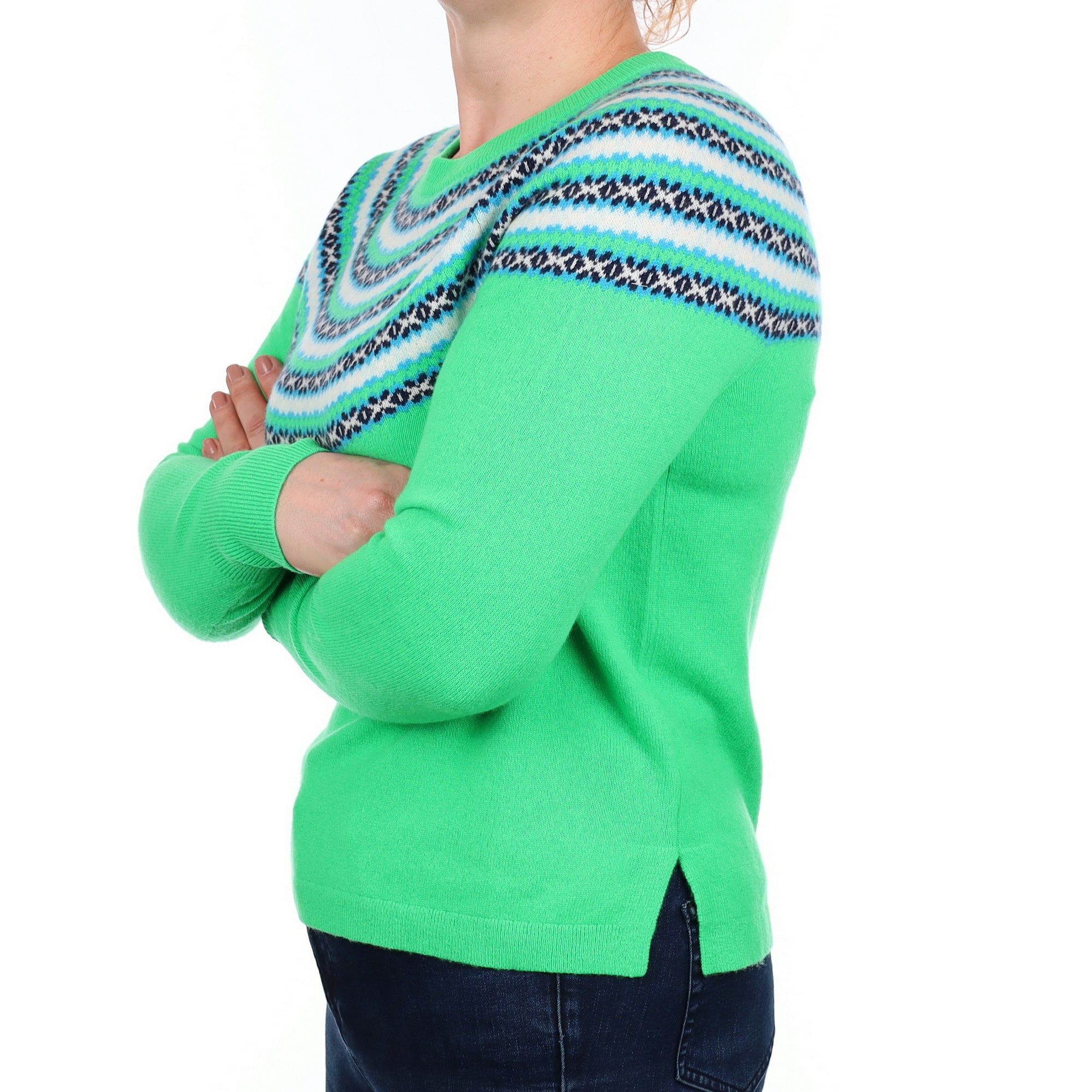 Neon Green Fair Isle Cashmere Crew Neck Jumper Medium