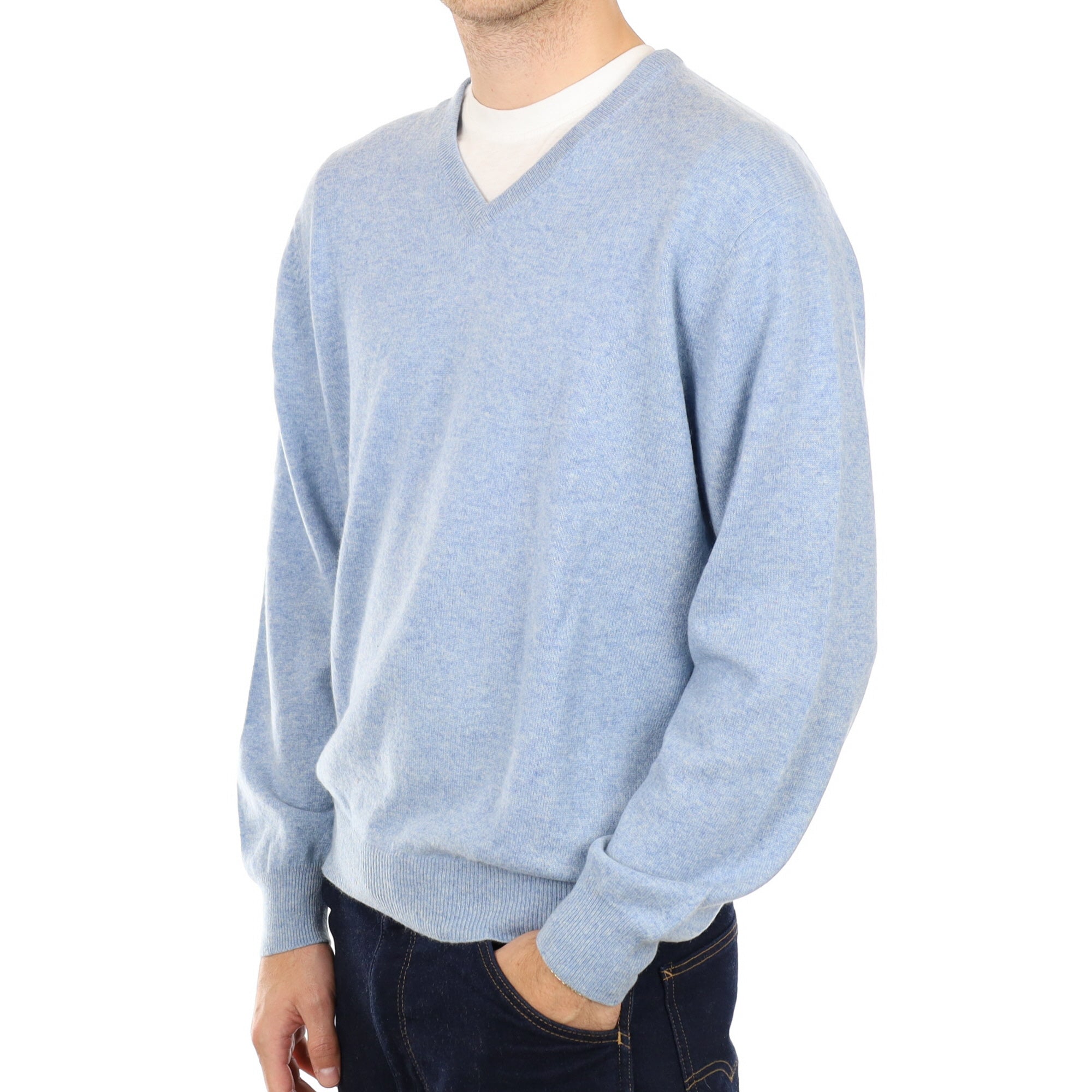Men's Sky Blue Marl Cashmere V Neck Jumper Large