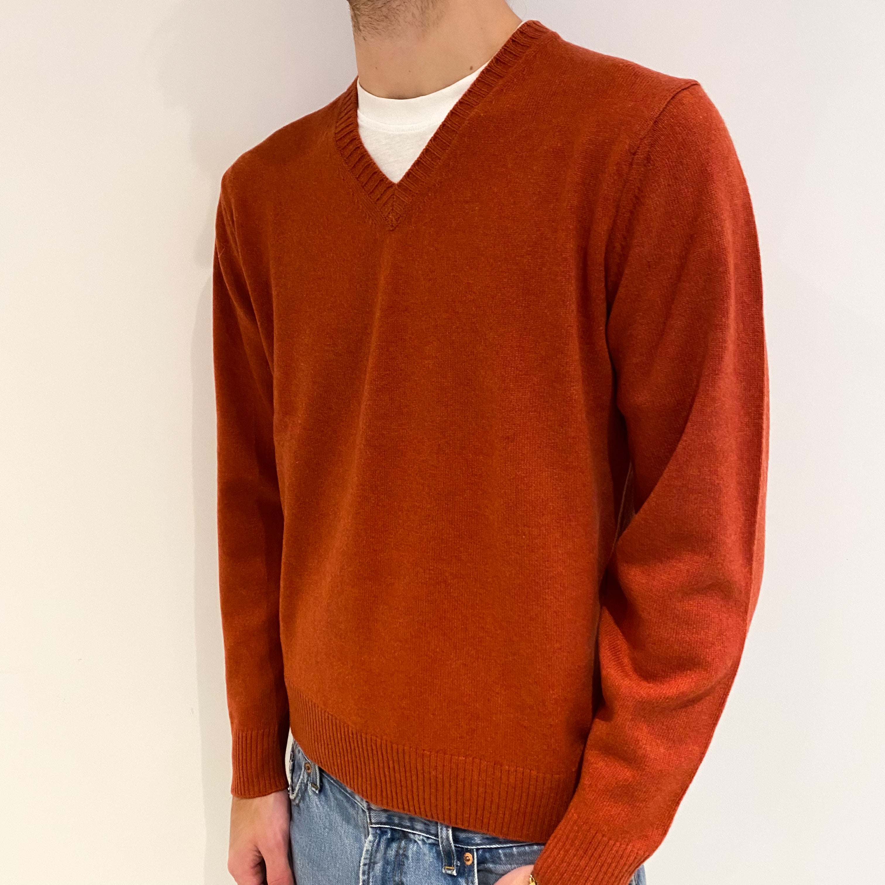 Men's Vintage Rust Orange Cashmere V Neck Jumper Large