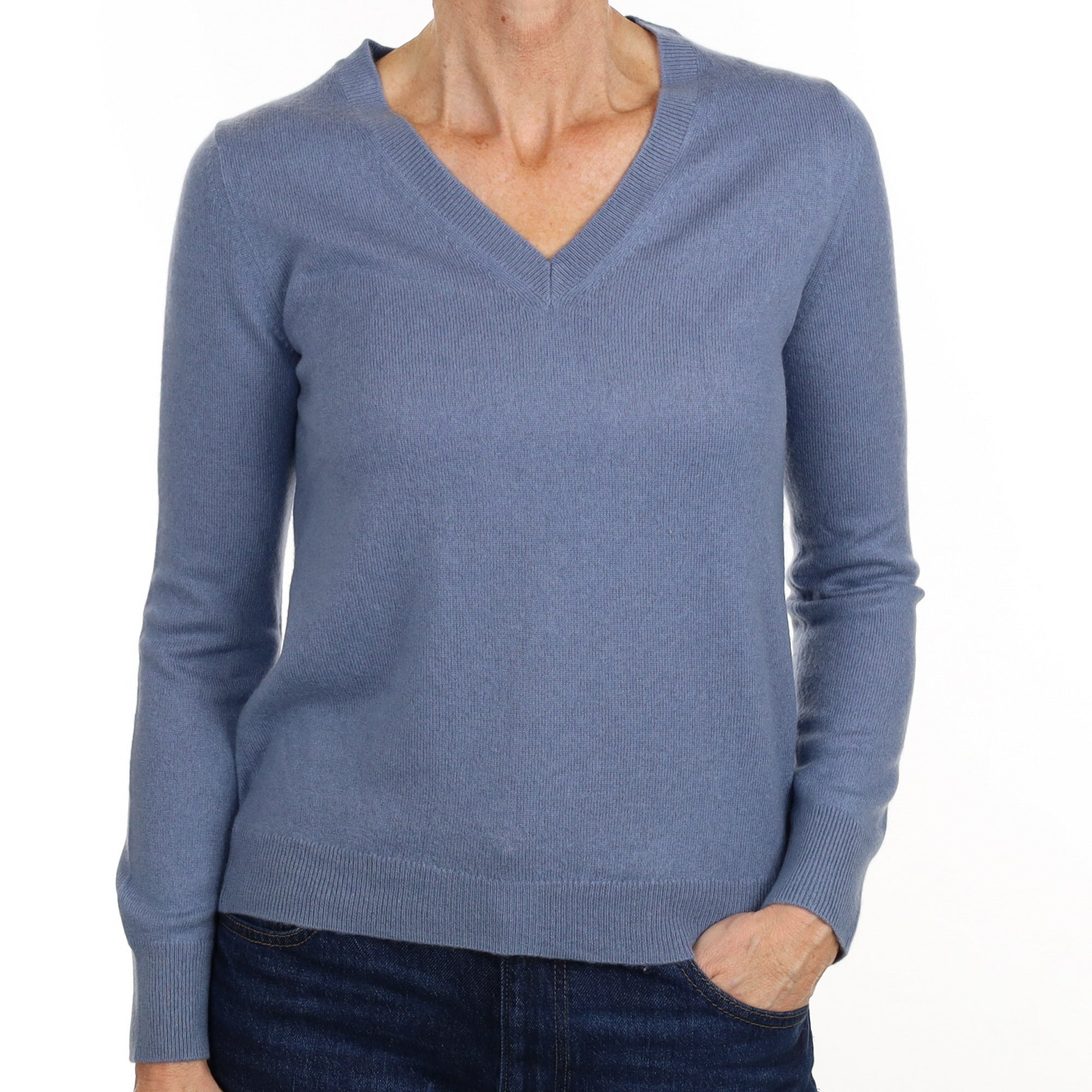 Denim Blue Cashmere V Neck Jumper Small
