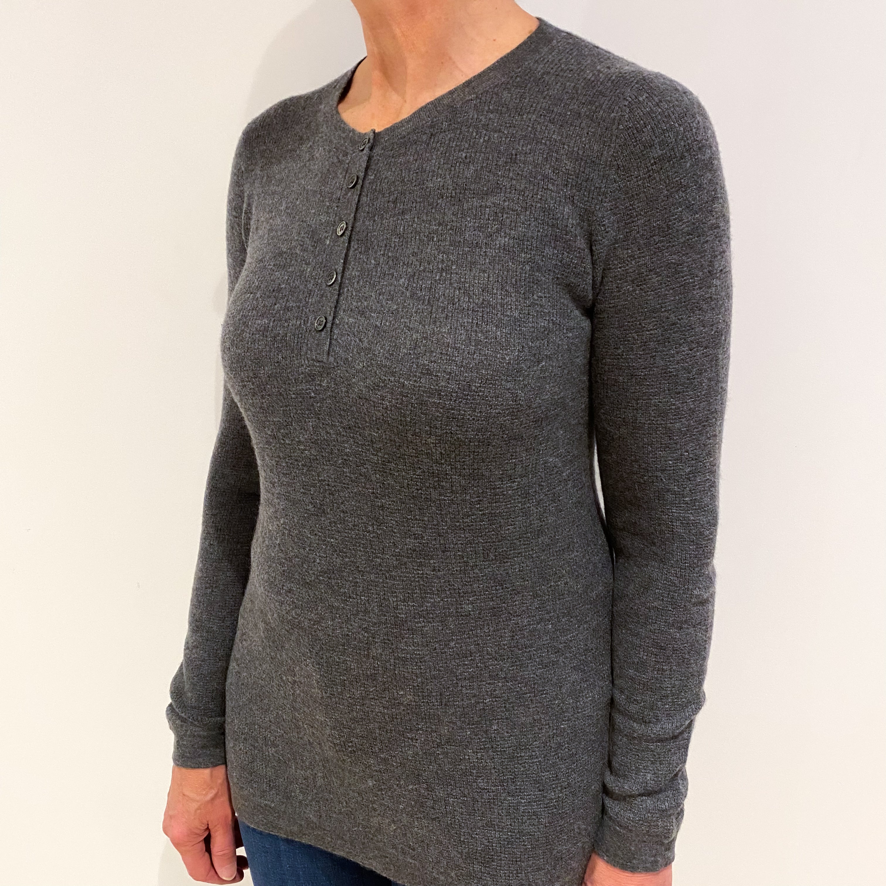 Slate Grey Textured Cashmere 1/4 Button Crew Neck Jumper Medium