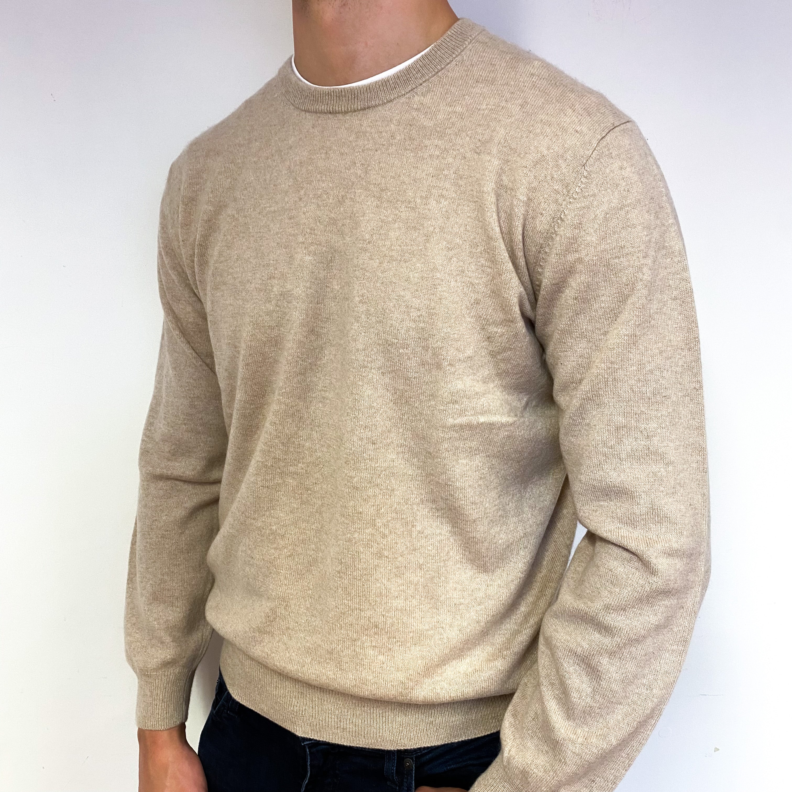 Men's Fawn Beige Cashmere Crew Neck Jumper Extra Large