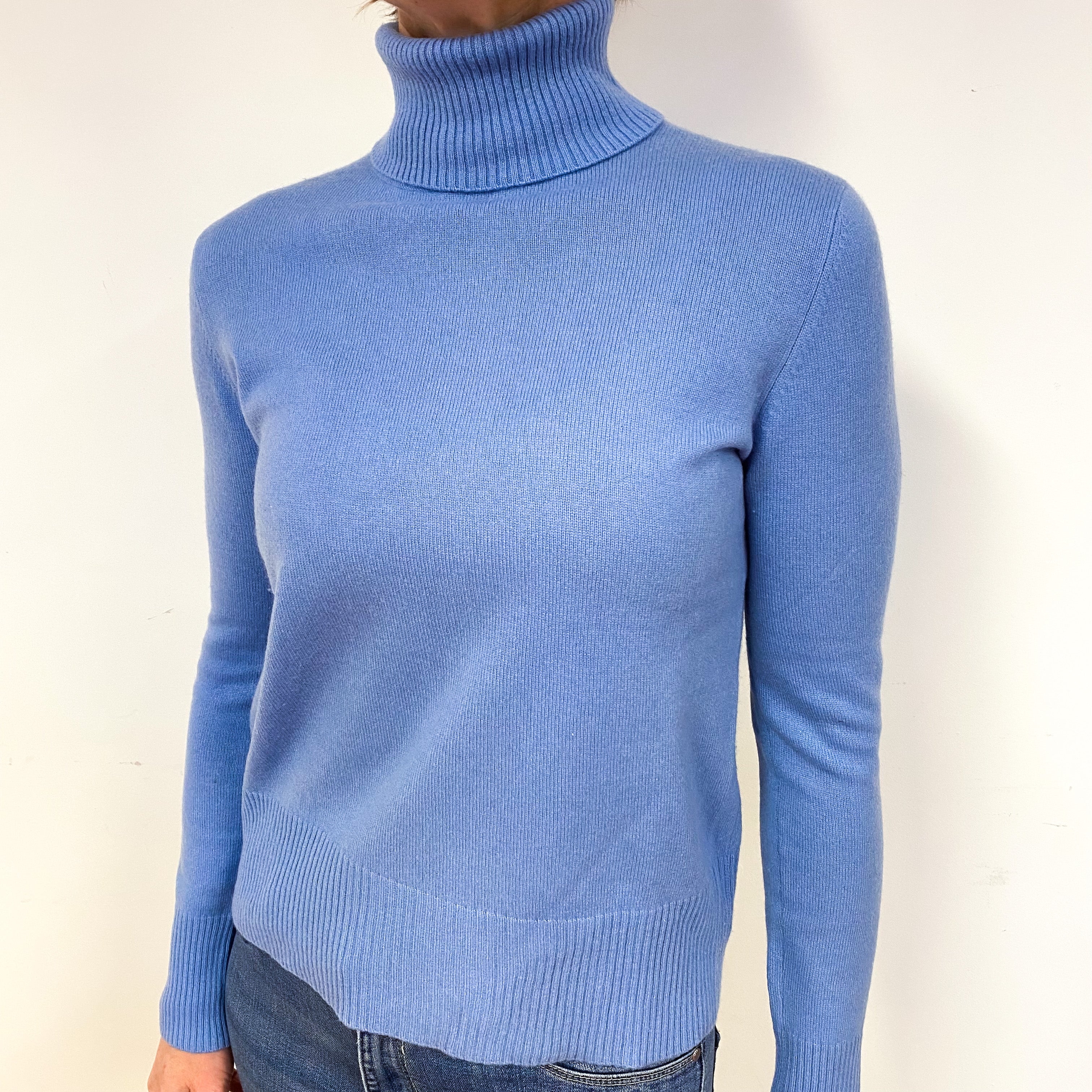 Cornflower Blue Cashmere Polo Neck Jumper Medium