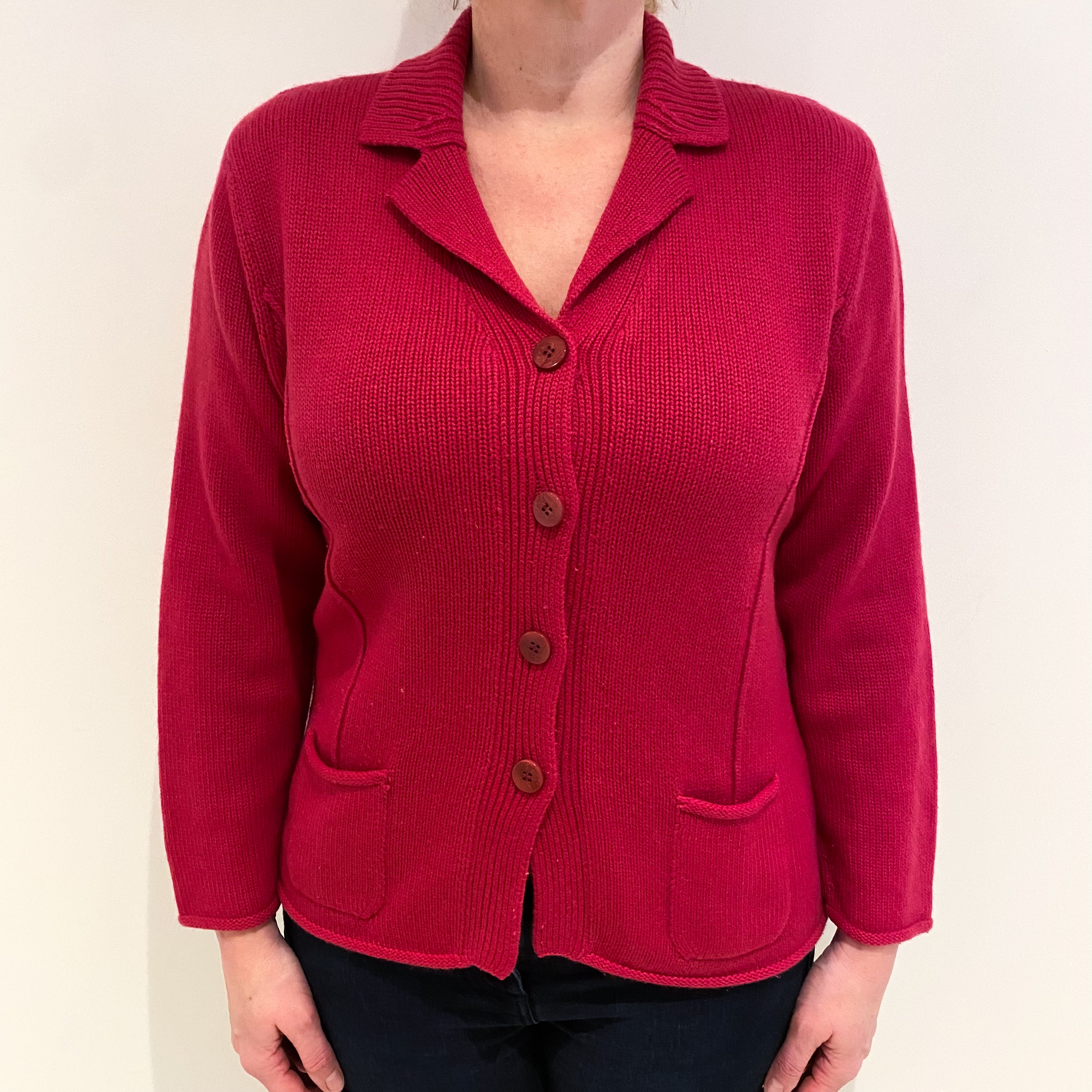 Italian Raspberry Pink Cashmere V Neck Cardigan With Pockets Large