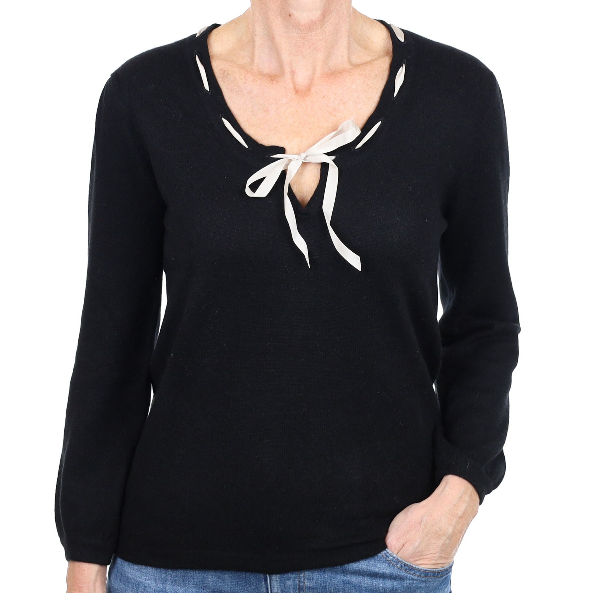 Brora Black Cashmere V Neck Jumper Small