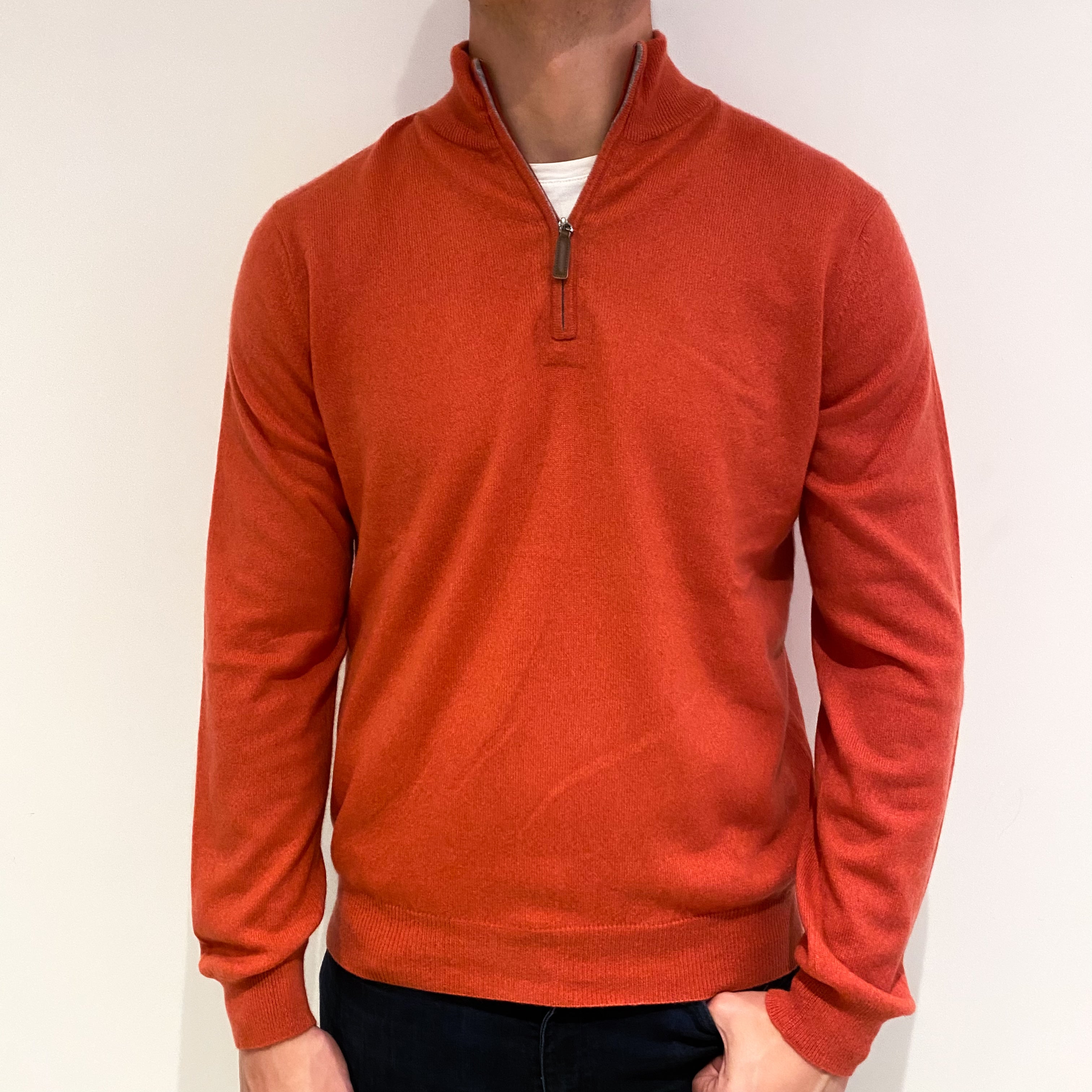 Men's Cranberry Red Cashmere 1/4 Zip Jumper Extra Large