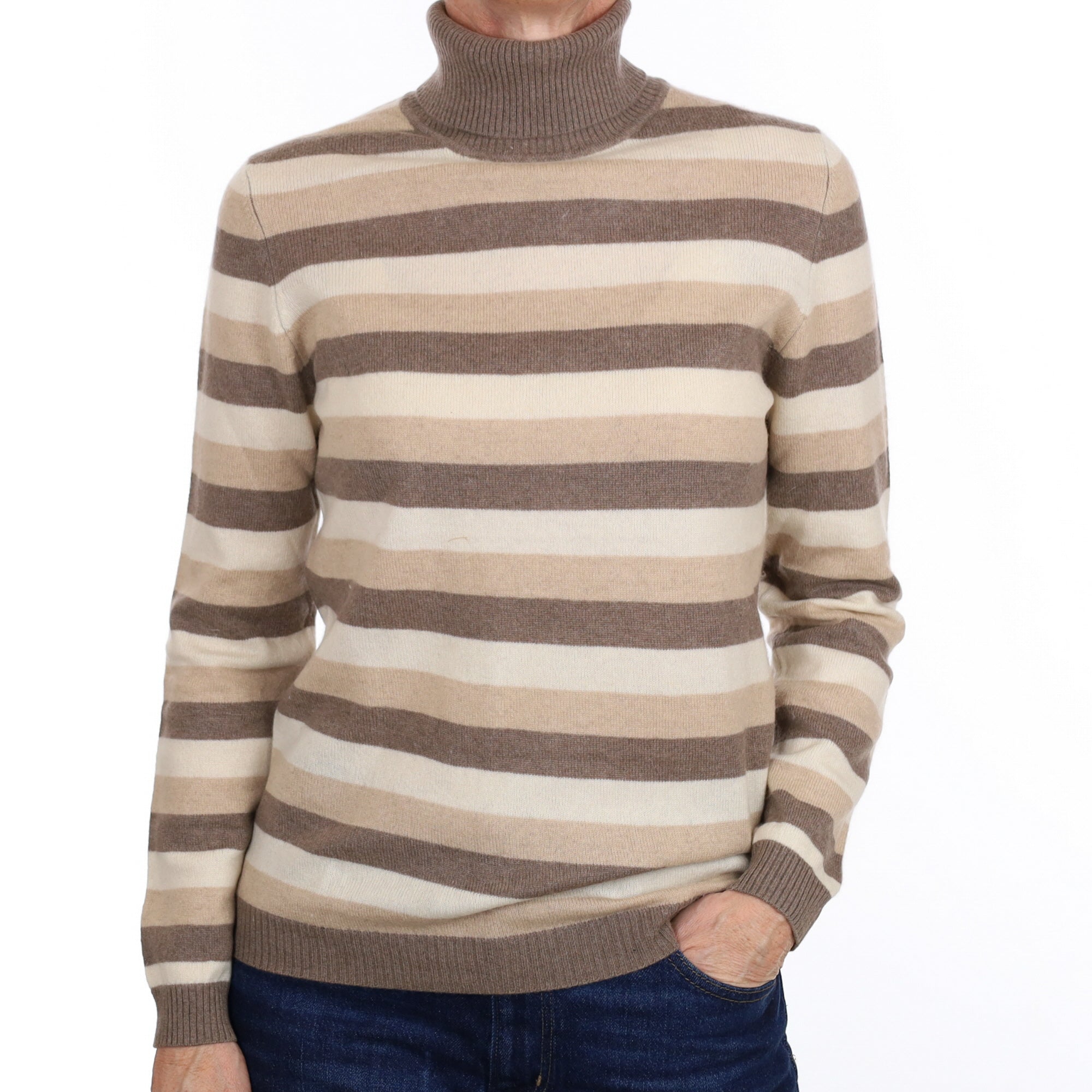 Brown and Cream Stripe Cashmere Polo Neck Jumper Small